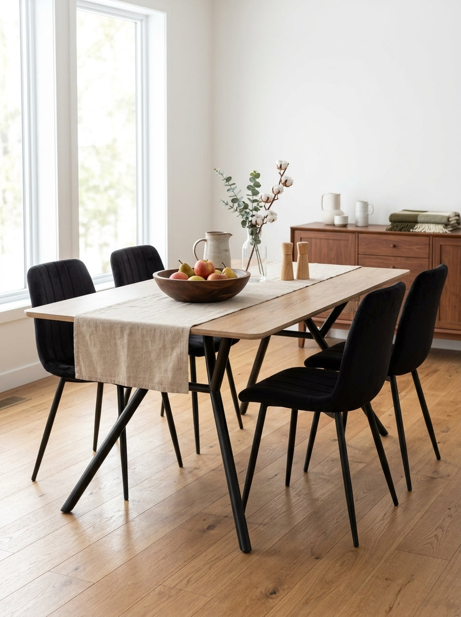 Velvet - Ensemble Repas Table + 4 Chaises En Velours - Naturel