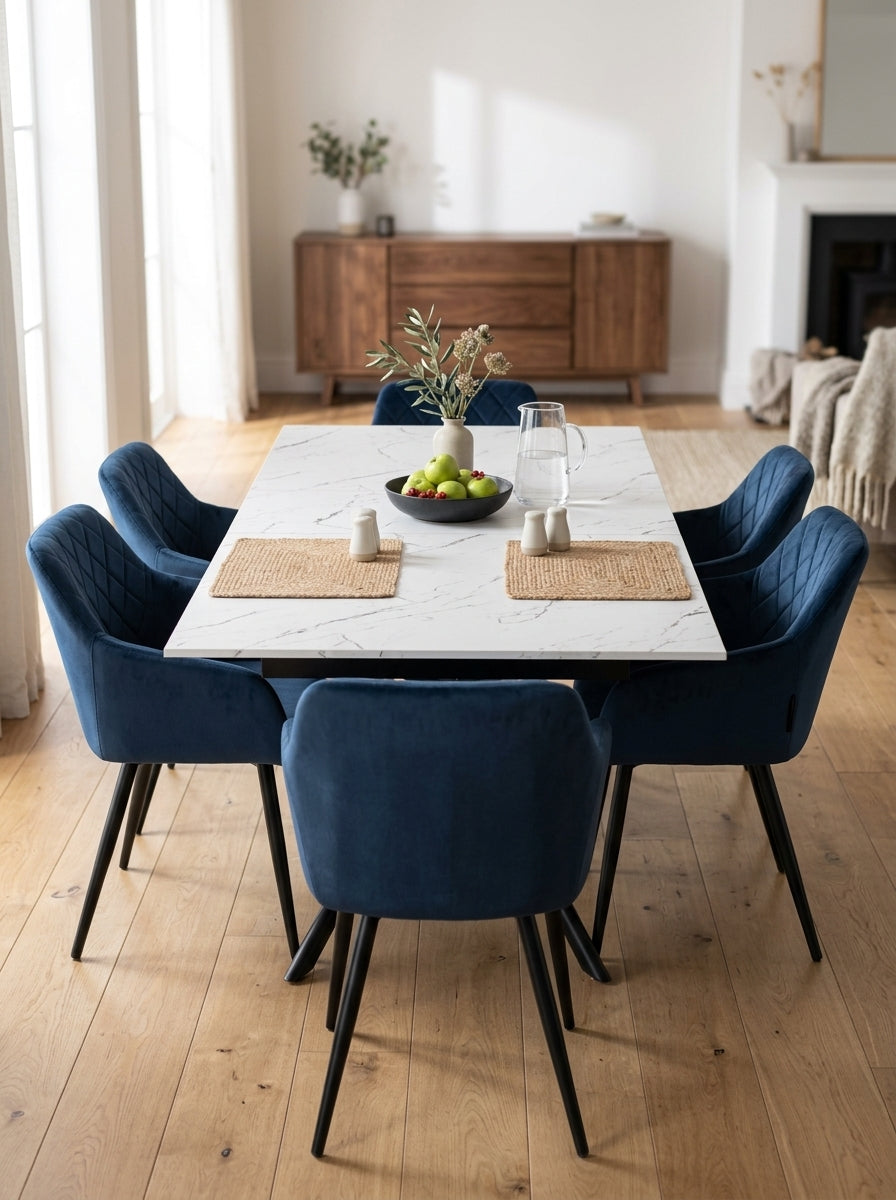 Mindy - Table Extensible + 6 Chaises En Velours - Marbre Blanc