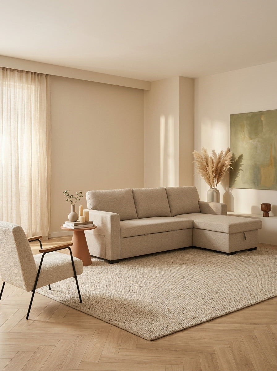 Cozy - Canapé D'Angle Réversible Et Convertible En Tissu - Beige