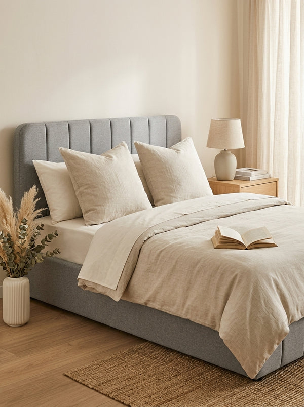Aviala - Cama contenedor de tela con cabecero + somier de láminas - Gris