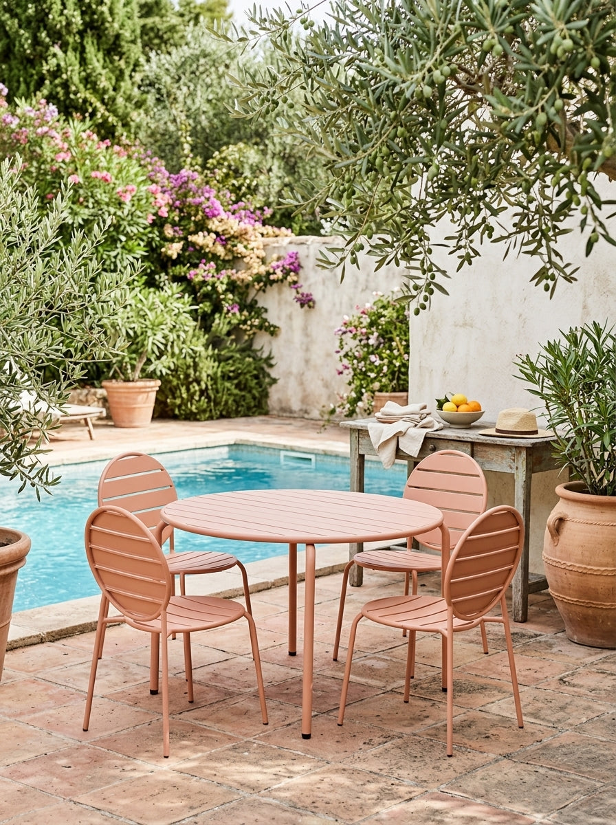 Baca - Conjunto Mesa + 4 Sillas Redondas de Metal - Terracota