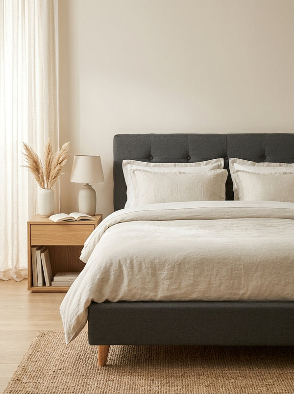 Mileno - Cama Con Cabecero De Tela Y Patas De Madera - Antracita