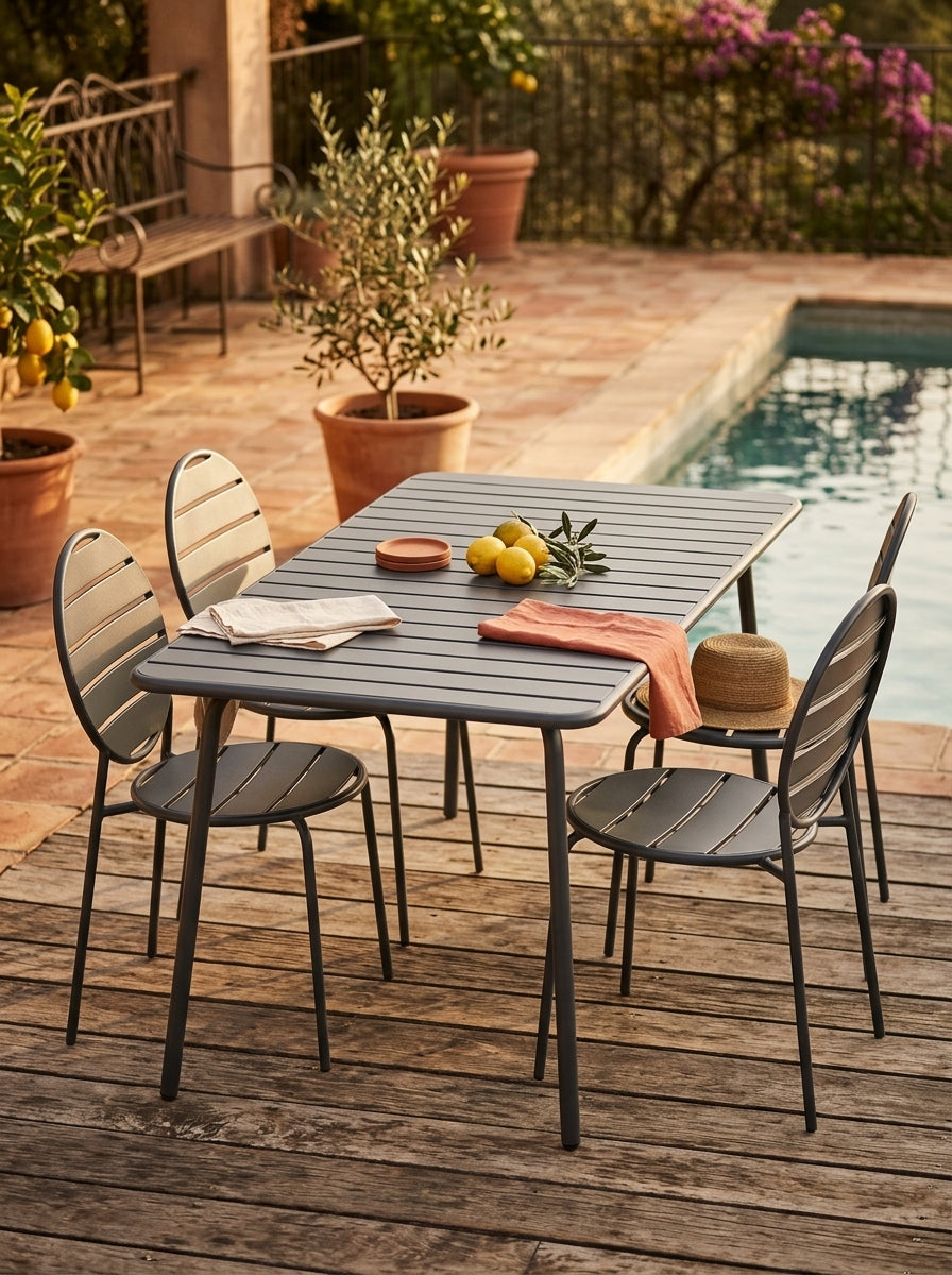 Baca - Garden Table Set + 4 Round Metal Chairs - Gray
