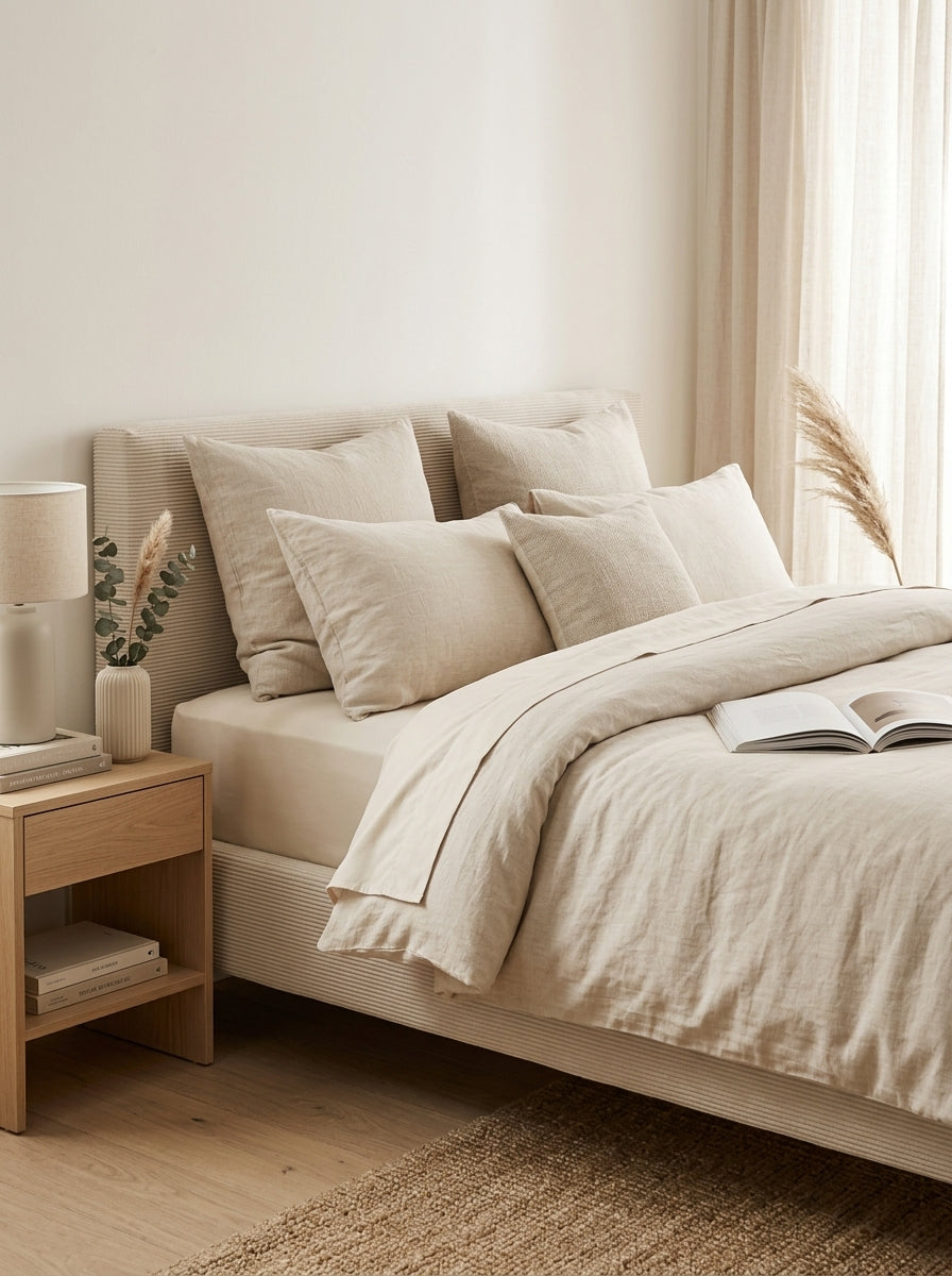 Mileno - Cama Con Cabecero De Pana Y Patas De Madera - Beige