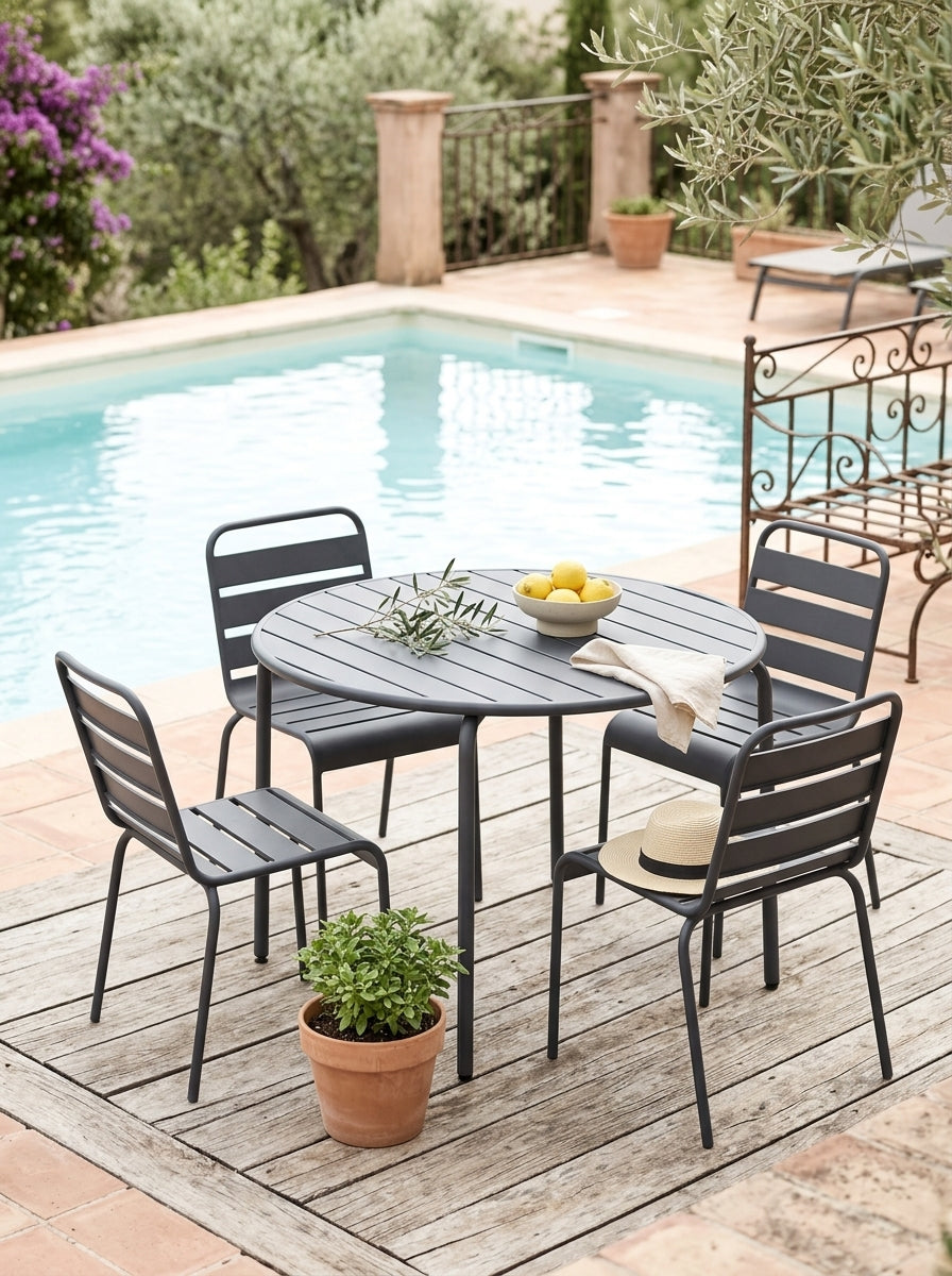 Baca - Garden Table + 4 Metal Chairs Set - Gray