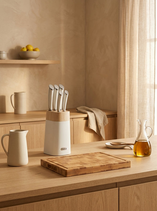 Kaolin - Block of 5 White Knives + A Bamboo Cutting Board - White/Bamboo