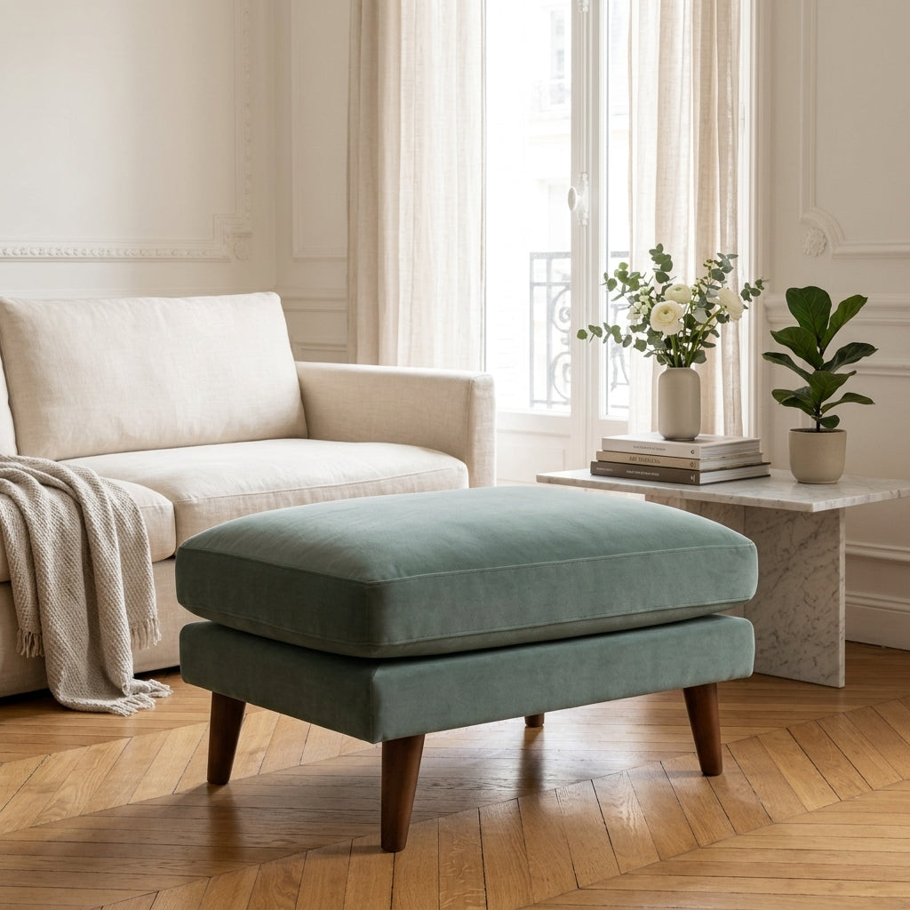 Villabon - Pouf - Velluto Piedi Legno Scuro - Verde Eucalipto