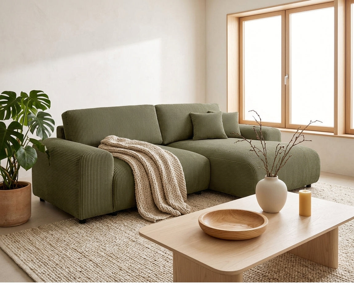 Garance - Reversible 4-Seater Corner Sofa - Corduroy - Green