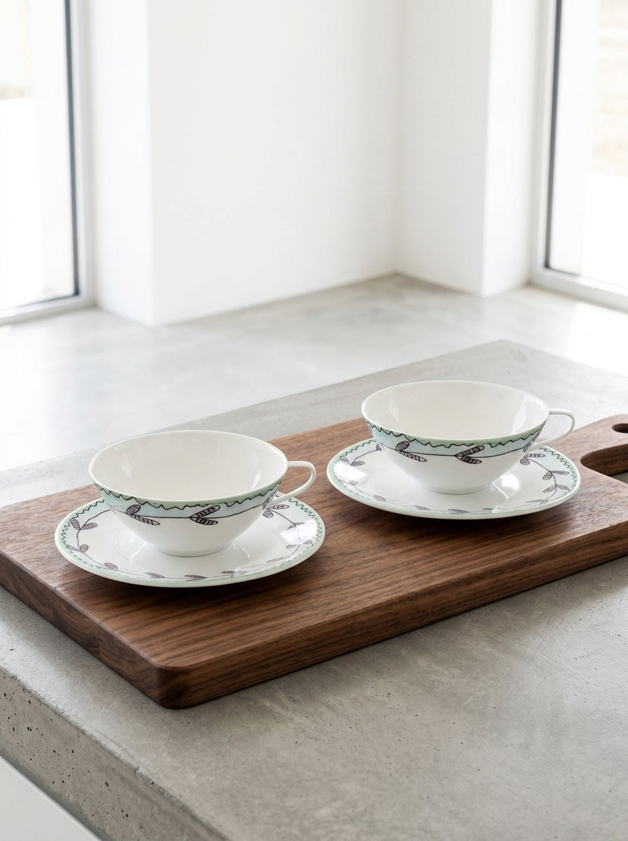 Midnight Flowers - Set Di 2 Tazze Da Tè + Piattini - Porcellana Bone China - Blossom Milk