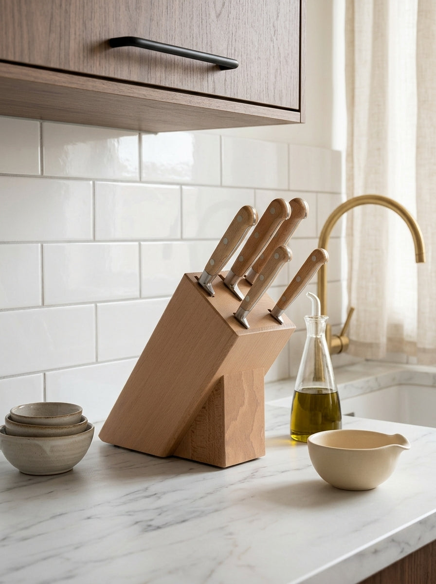 De Buyer – Idéal Brocéliande - Bloc Verneuil + 5 Couteaux - Hêtre - Bois, un bloc de couteaux en bois sur un comptoir de cuisine en marbre