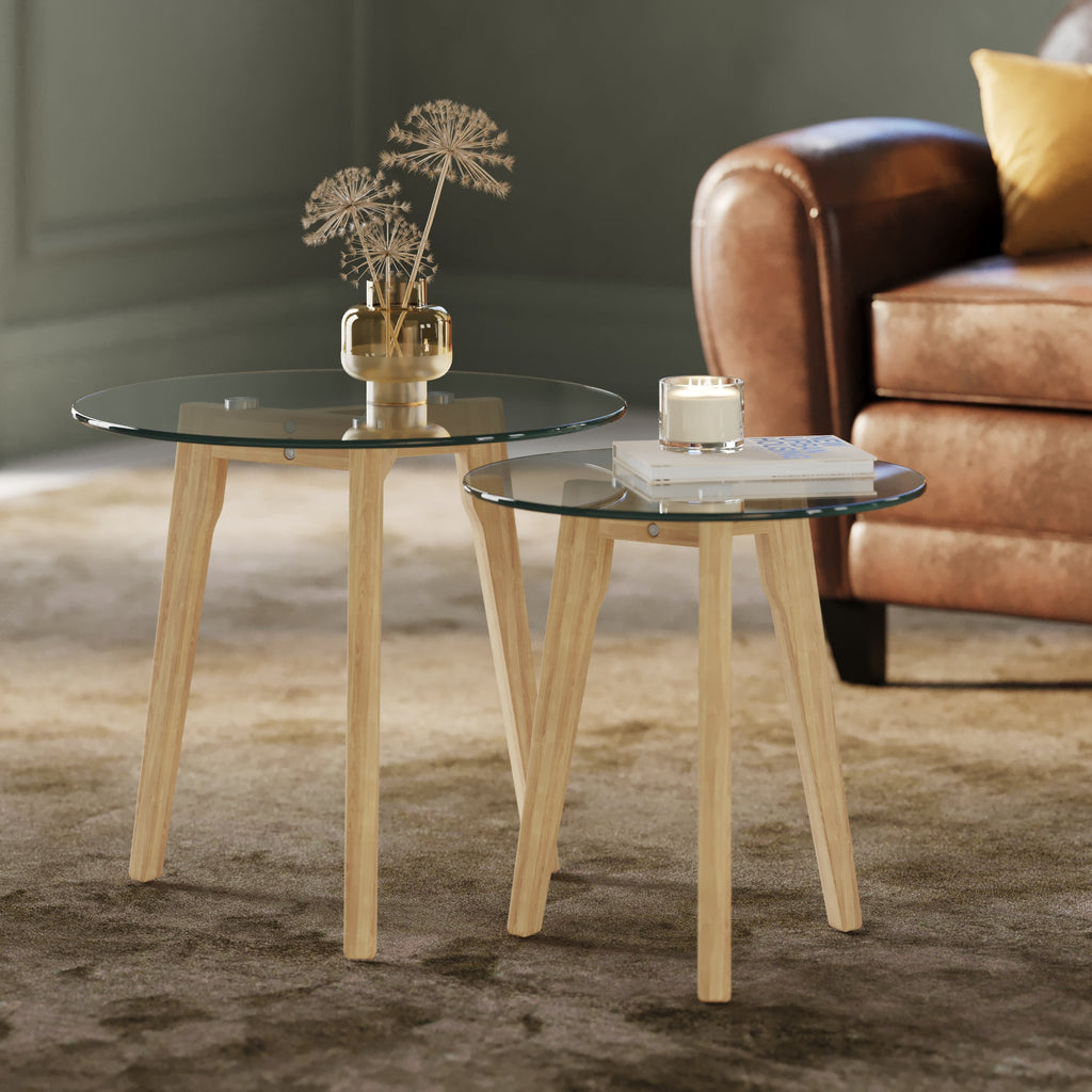 Vénus - Lot De 2 Tables Basses Rondes En Verre Et Bois D'Hévéa