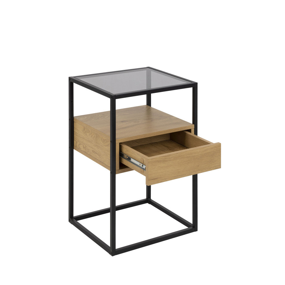 Luma - Mesita de noche con 1 cajón - Vidrio, madera y metal - Madera clara