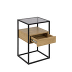 Luma - Mesita de noche con 1 cajón - Vidrio, madera y metal - Madera clara
