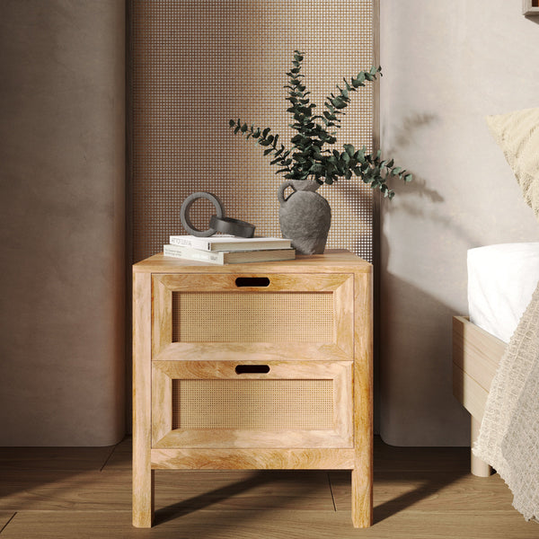 Félix - Table De Chevet 2 Tiroirs En Bois De Manguier Et Cannage