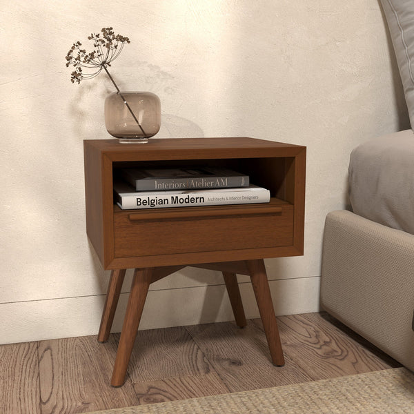Waya - Table De Chevet En Bois De Teck, 1 Niche Et 1 Tiroir