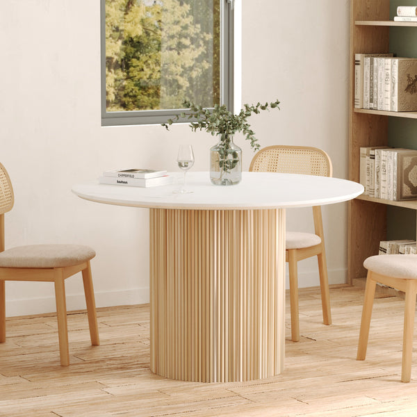 Agathe - Table Ronde 4 Personnes En Marbre Blanc Et Bois De Manguier