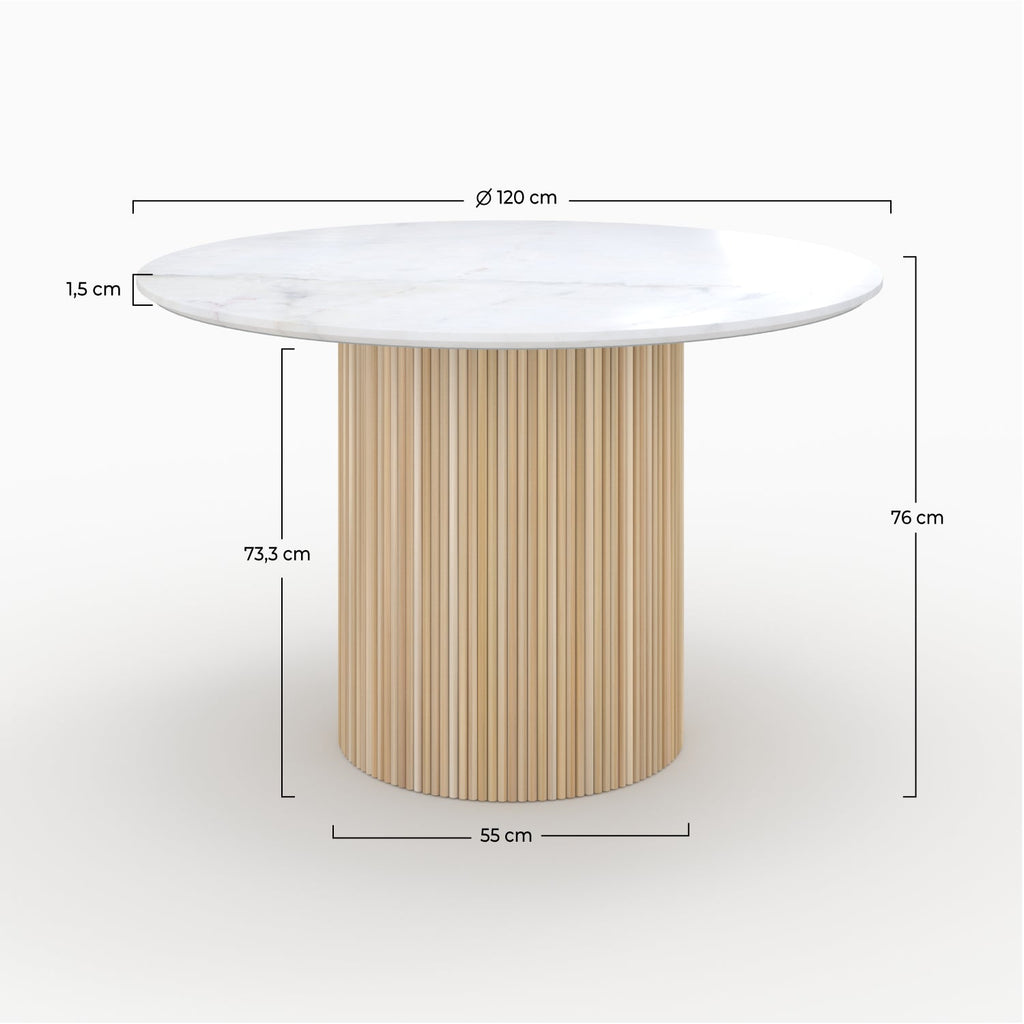 Agathe - Table Ronde 4 Personnes En Marbre Blanc Et Bois De Manguier