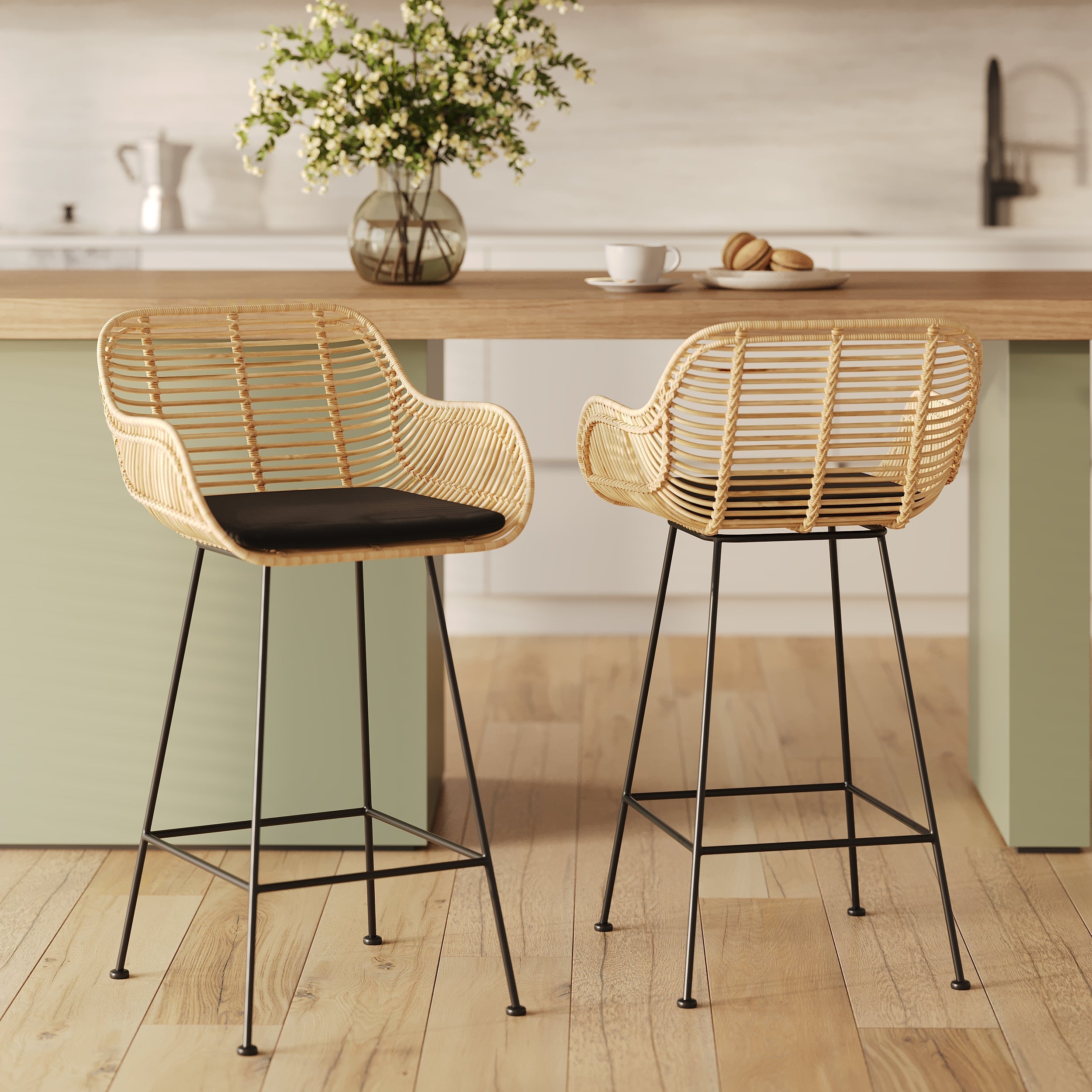 Pops - Lot De 2 Chaises Pour Îlot Central En Rotin Et Tissu Noir