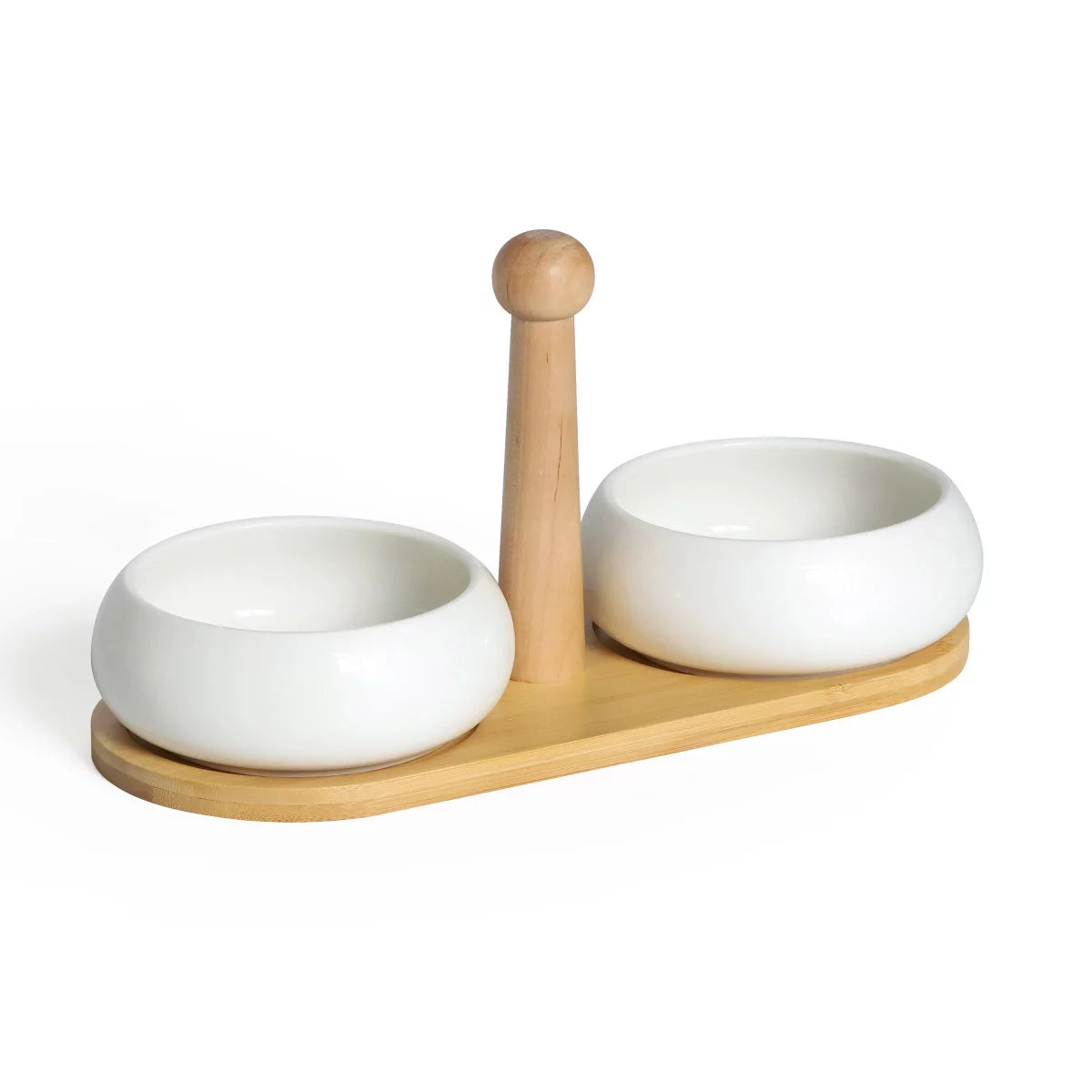 Tapas - Set De 2 Coupelles Apéritives En Céramique Avec Plateau En Bambou - Céramique/Bambou - Blanc/Bois Clair