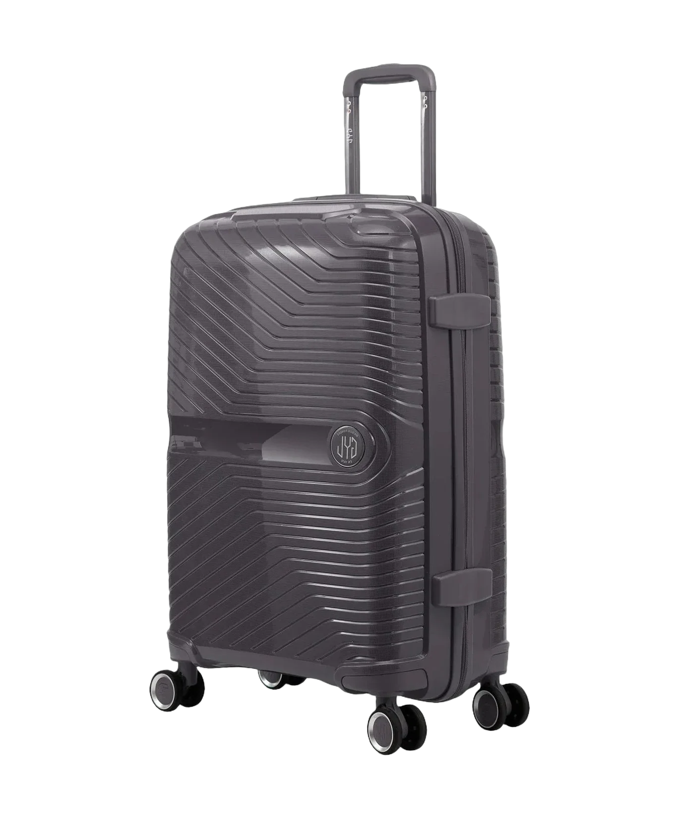 GYL Signature silver cabin suitcase, three-quarter view