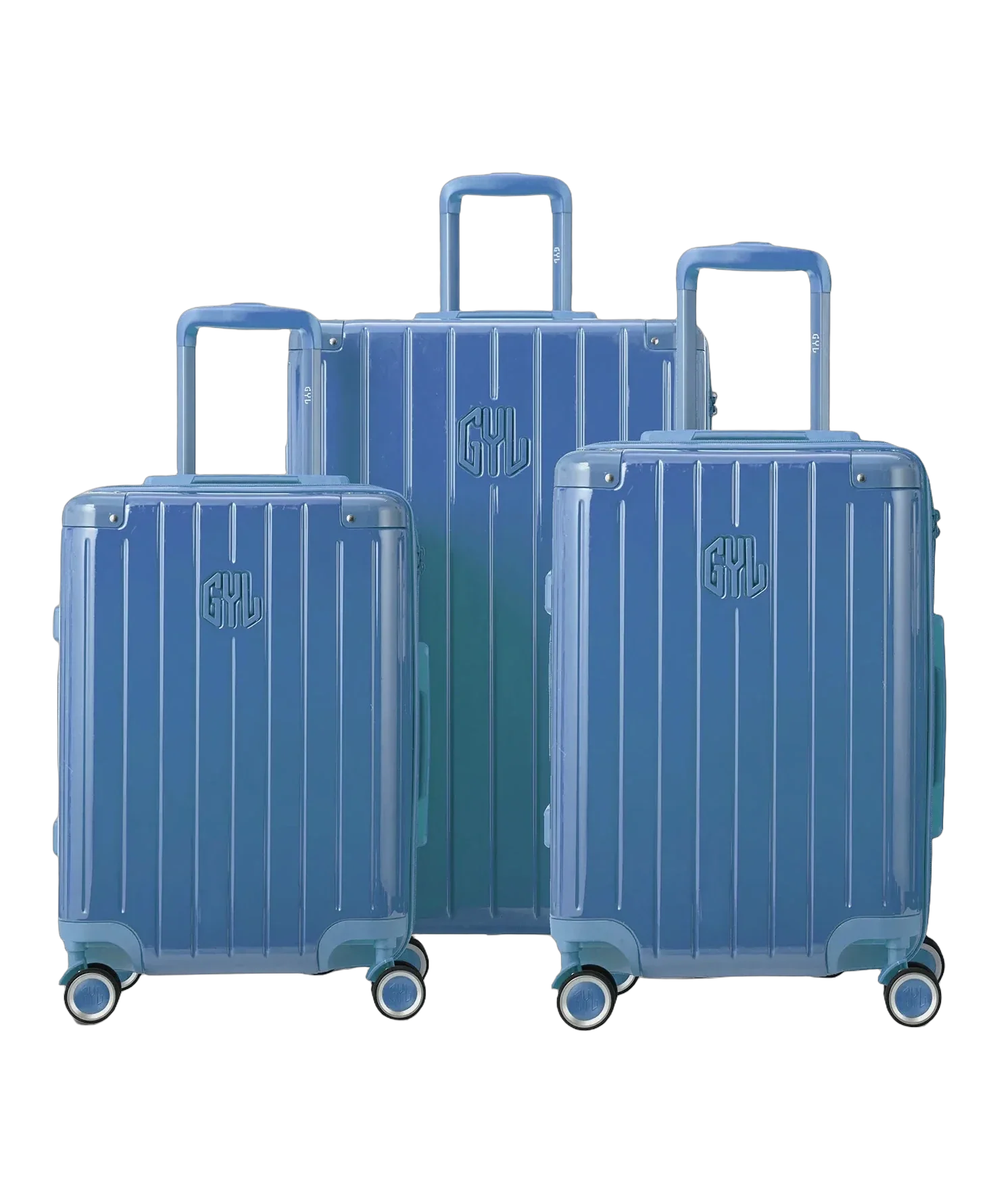 Set de 3 maletas rígidas Intemporelle de policarbonato color azul grisáceo vista frontal con logo GYL