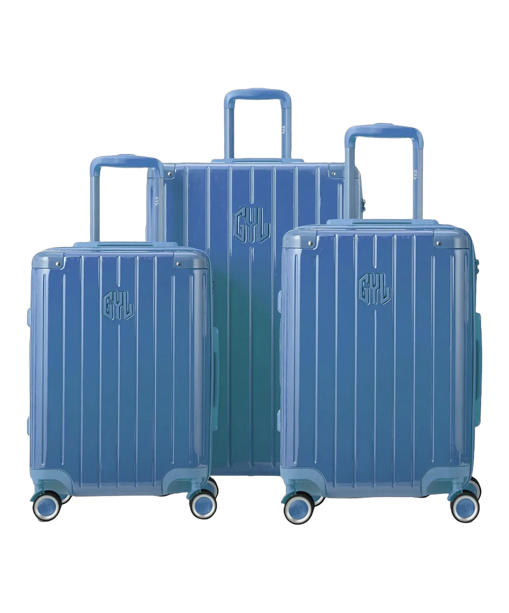 Set de 3 maletas rígidas Intemporelle de policarbonato color azul grisáceo vista frontal con logo GYL