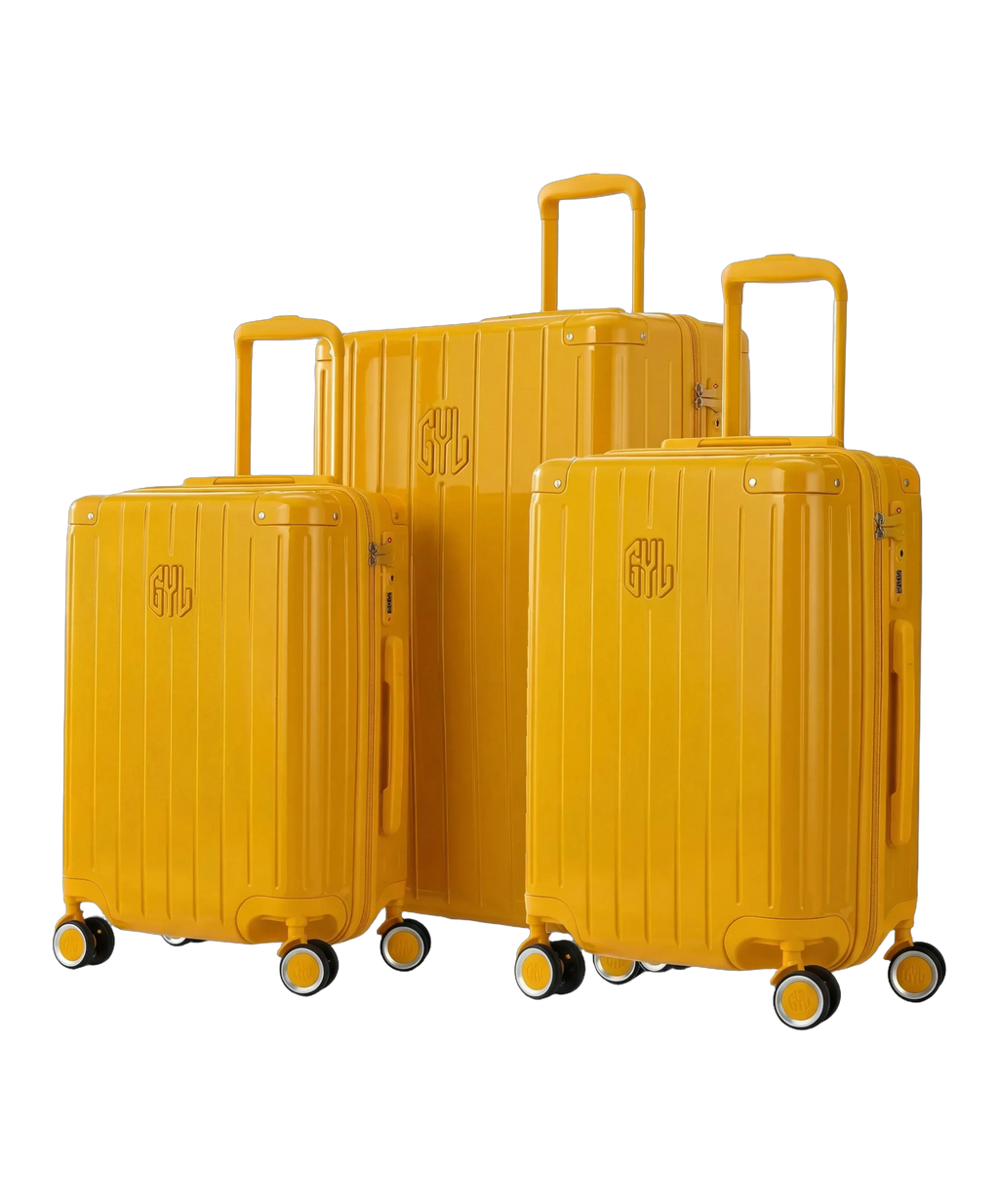 Set de 3 maletas rígidas Intemporelle amarillo cabina semana y bodega vista frontal GYL