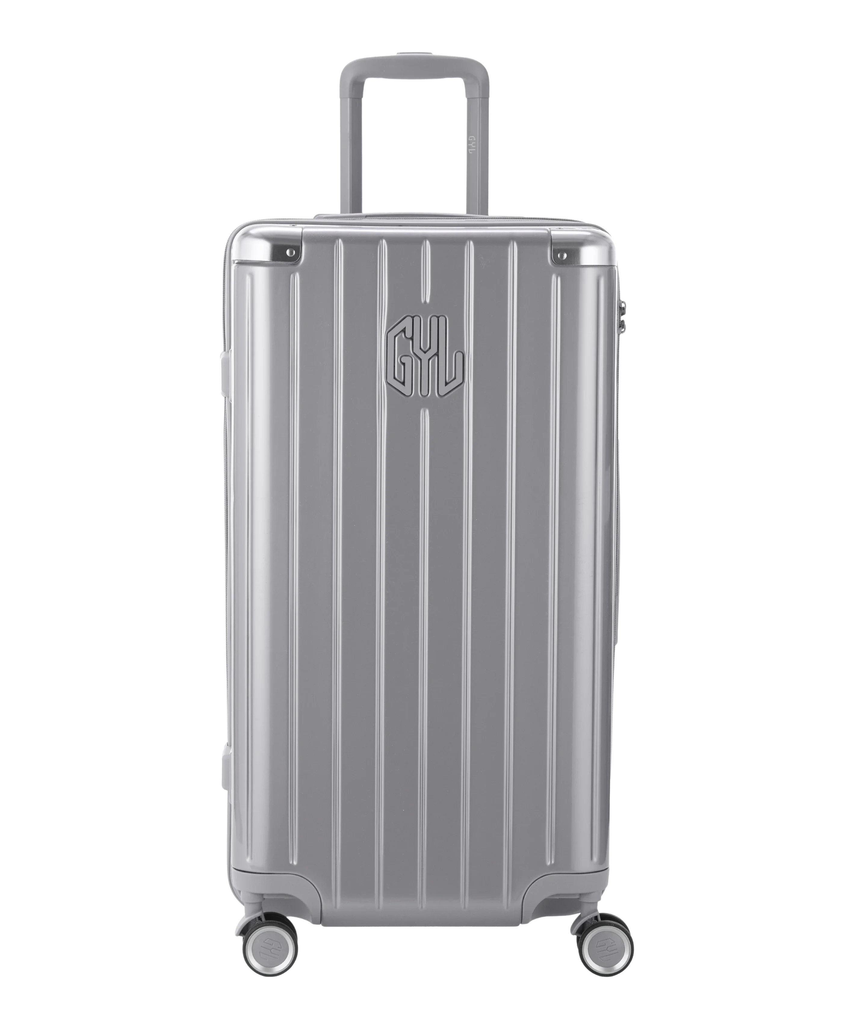 GYL Trunk polycarbonate suitcase Trunk L 75 cm in silver, front view with GYL logo