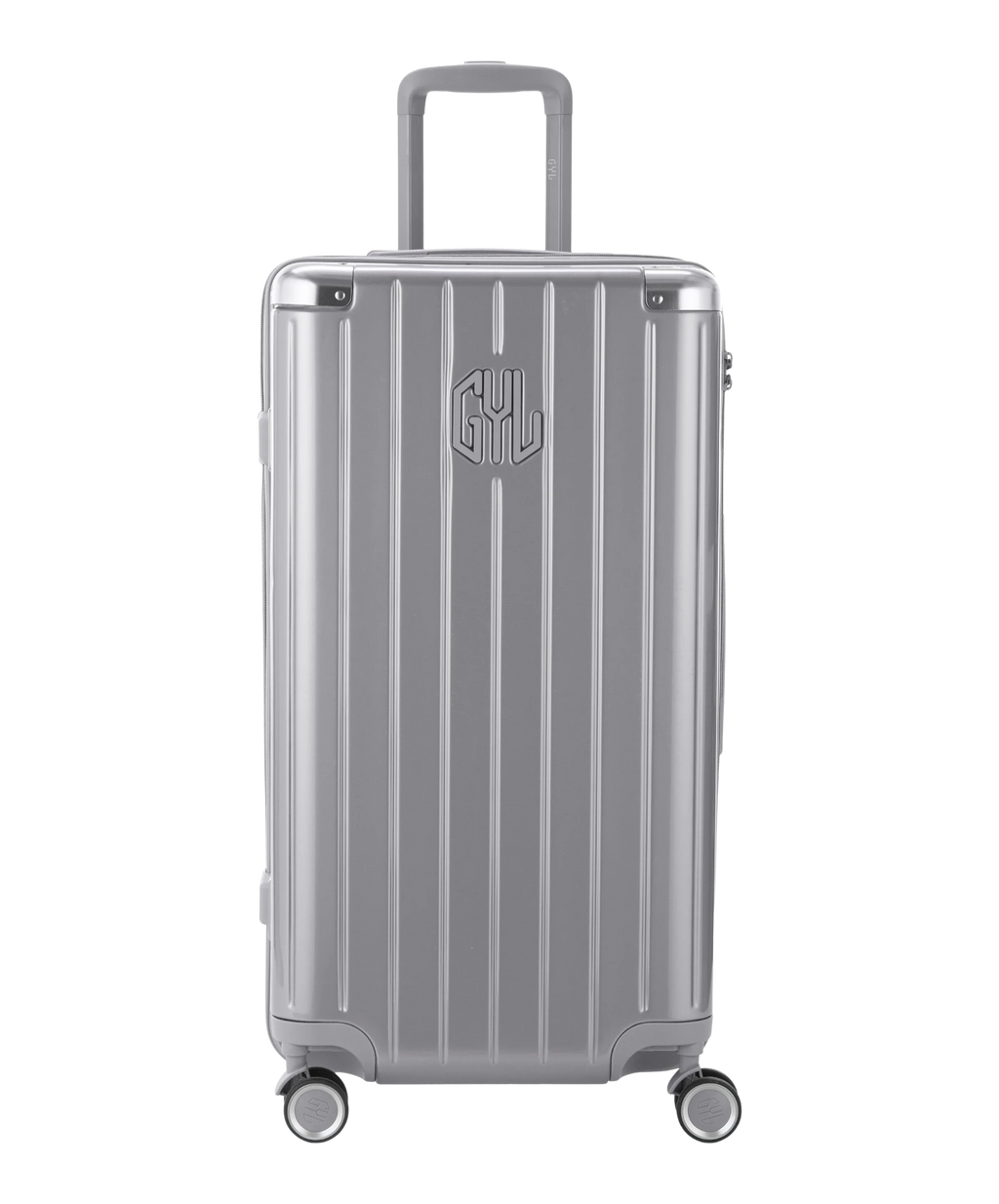 GYL Trunk polycarbonate suitcase Trunk L 75 cm in silver, front view with GYL logo
