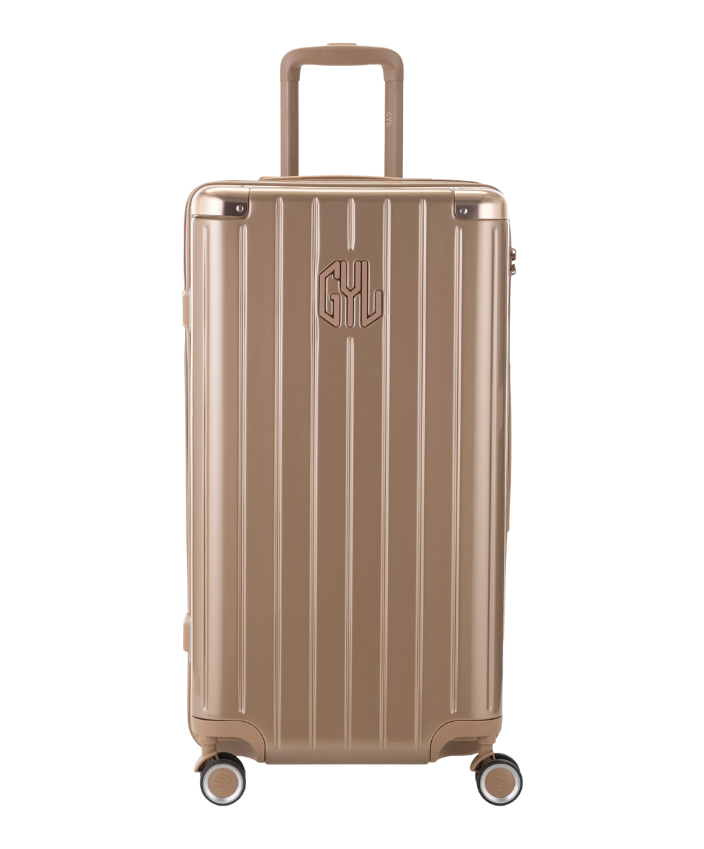 GYL Trunk polycarbonate suitcase Trunk L 75 cm in champagne, front view with GYL logo