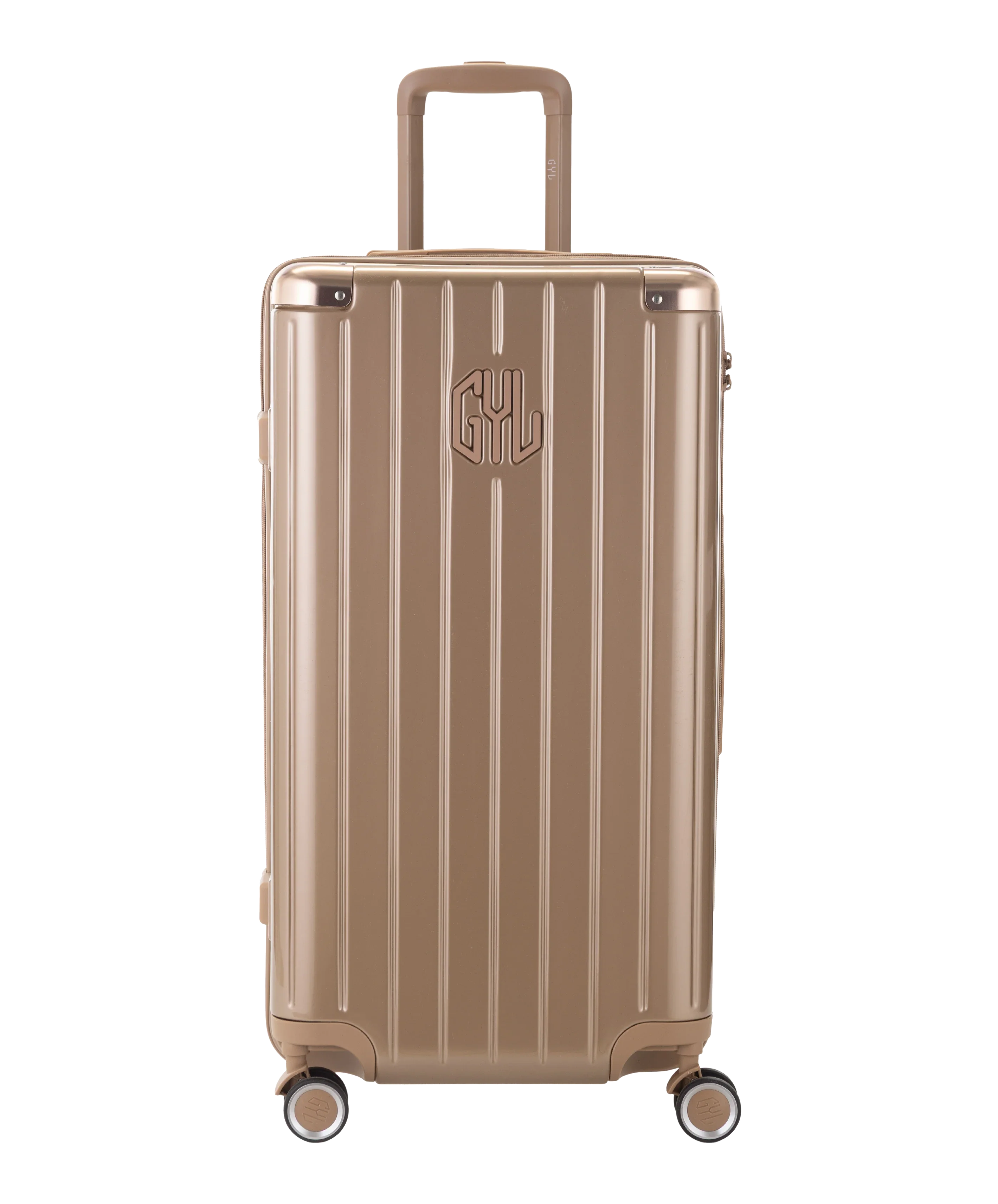 GYL Trunk polycarbonate suitcase Trunk L 75 cm in champagne, front view with GYL logo