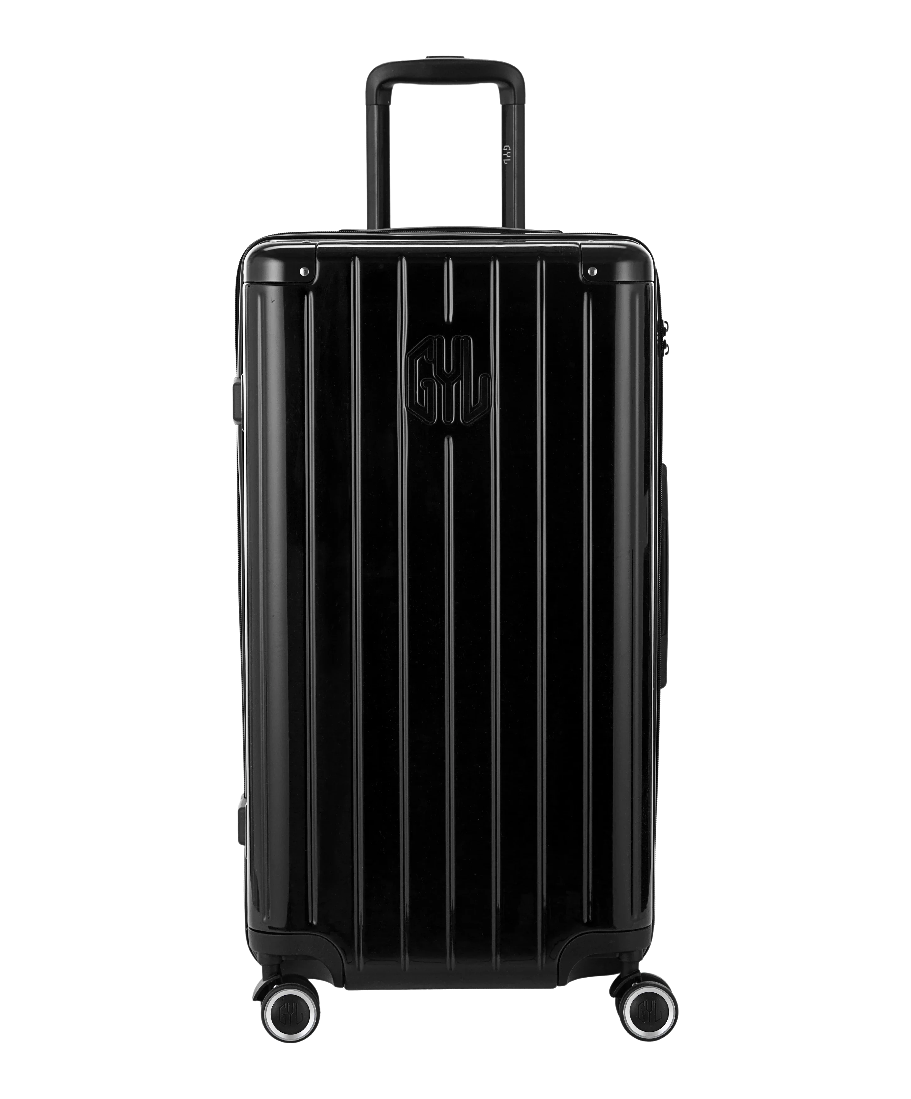 GYL Trunk polycarbonate suitcase Trunk L 75 cm in black, front view with GYL logo