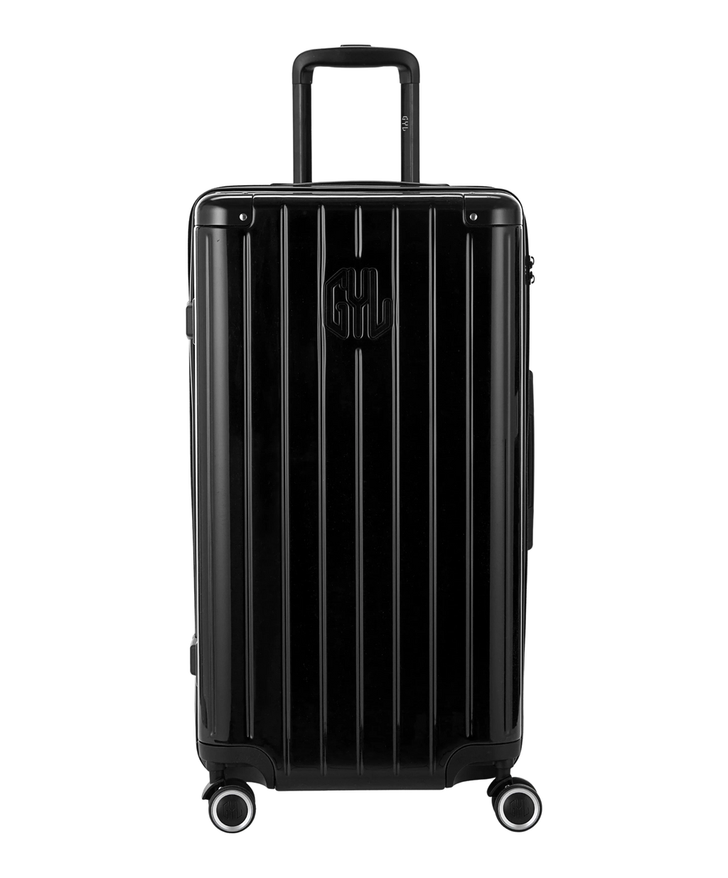 GYL Trunk polycarbonate suitcase Trunk L 75 cm in black, front view with GYL logo