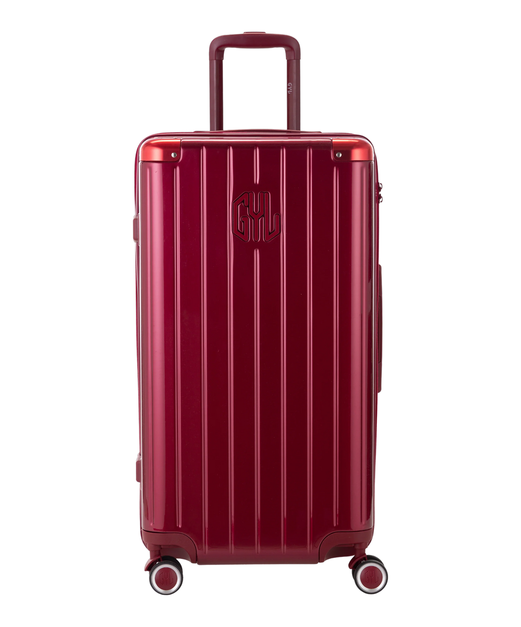 GYL Trunk L Intemporelle polycarbonate suitcase 71 cm in dark red, front view with embossed GYL logo