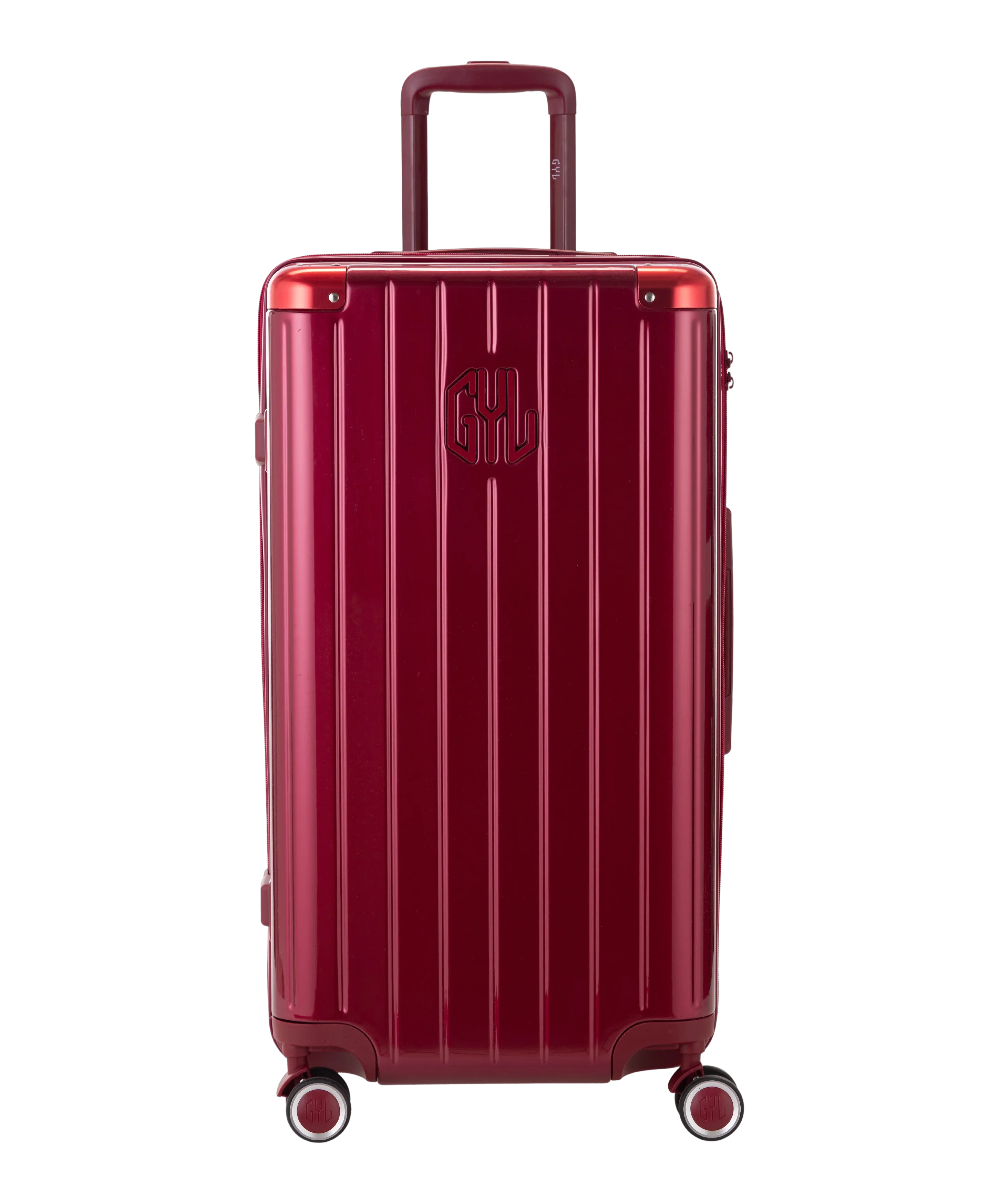 GYL Trunk L Intemporelle polycarbonate suitcase 71 cm in dark red, front view with embossed GYL logo