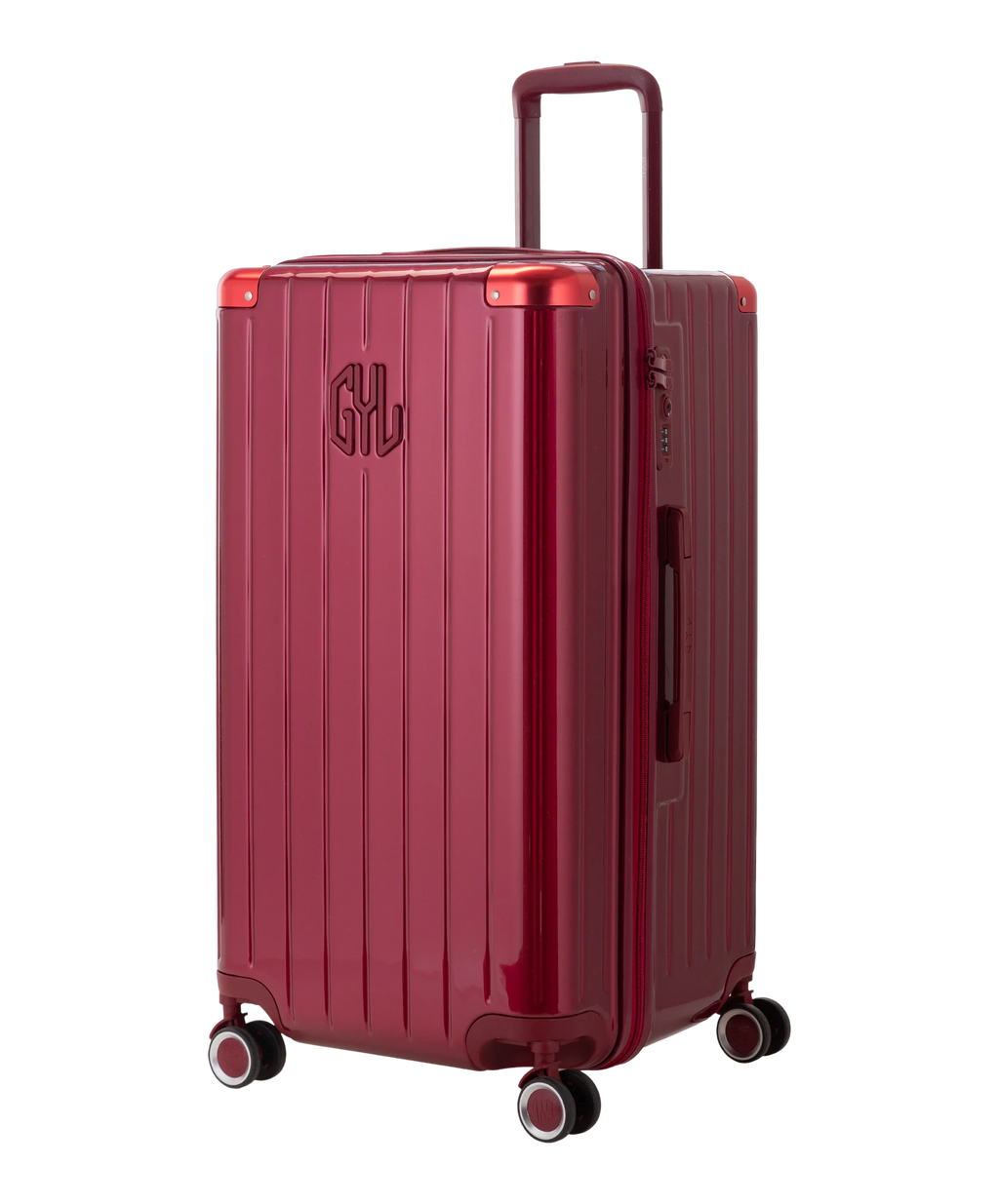 GYL Trunk L Intemporelle polycarbonate suitcase 71 cm in dark red, three-quarter front view