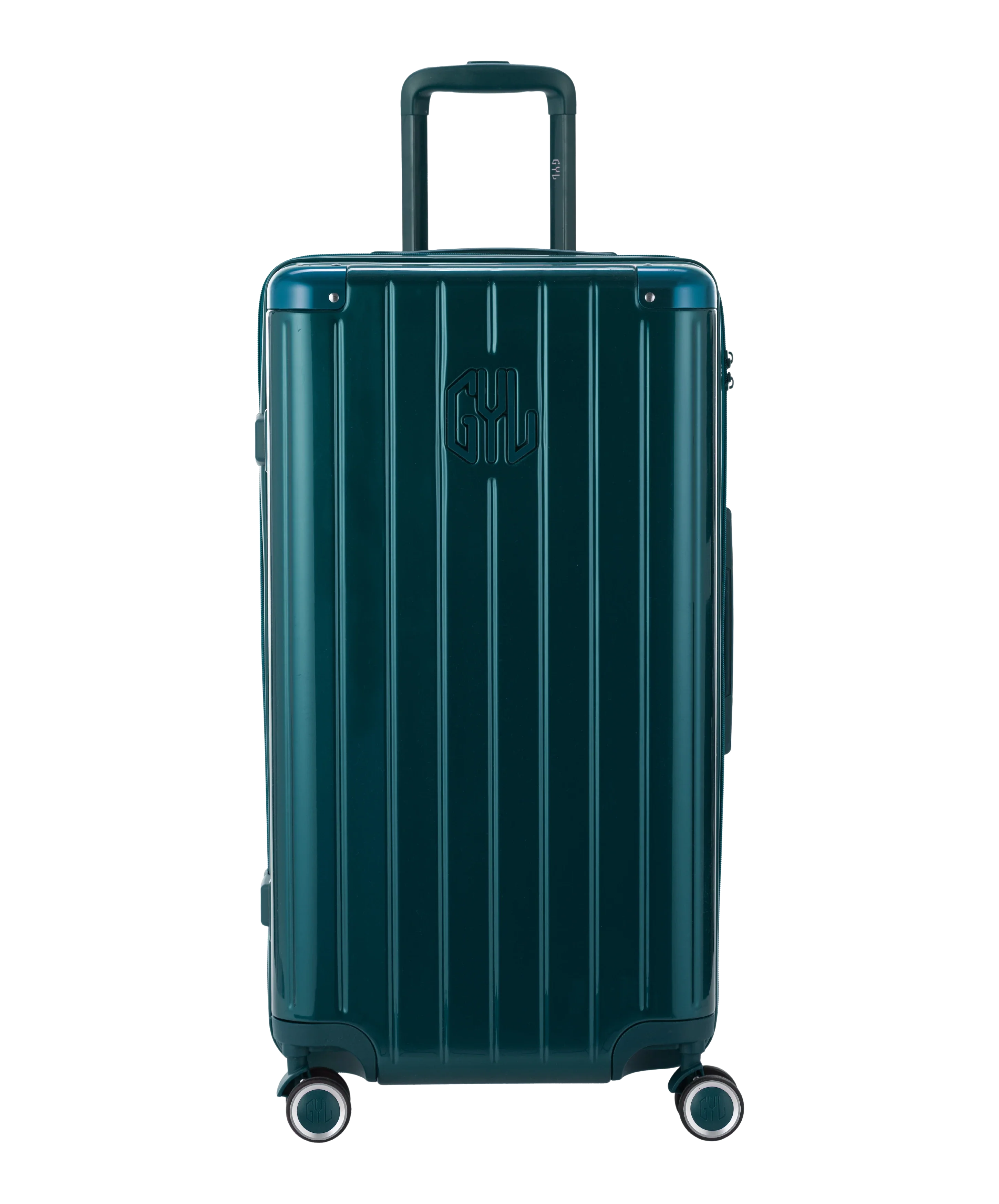 GYL Trunk polycarbonate suitcase Trunk L 75 cm in fir green, front view with GYL logo