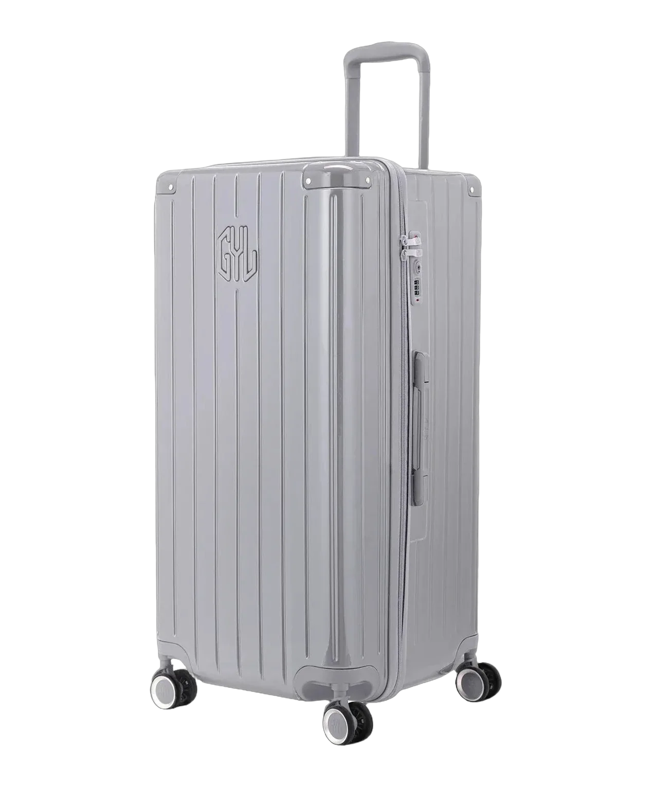 GYL Trunk XL silver suitcase three-quarter view rigid polycarbonate
