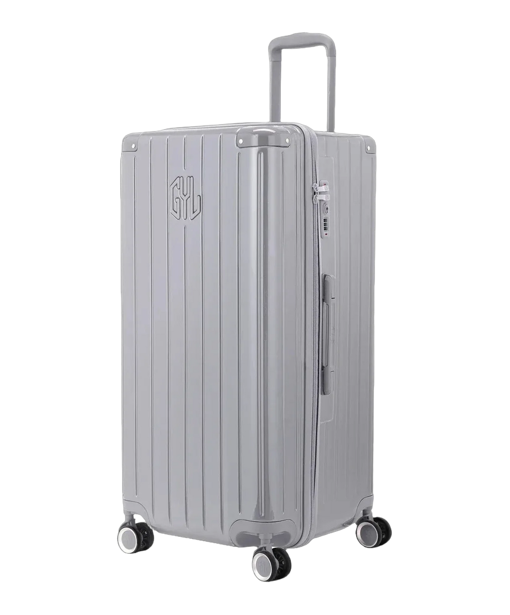 GYL Trunk XL silver suitcase three-quarter view rigid polycarbonate