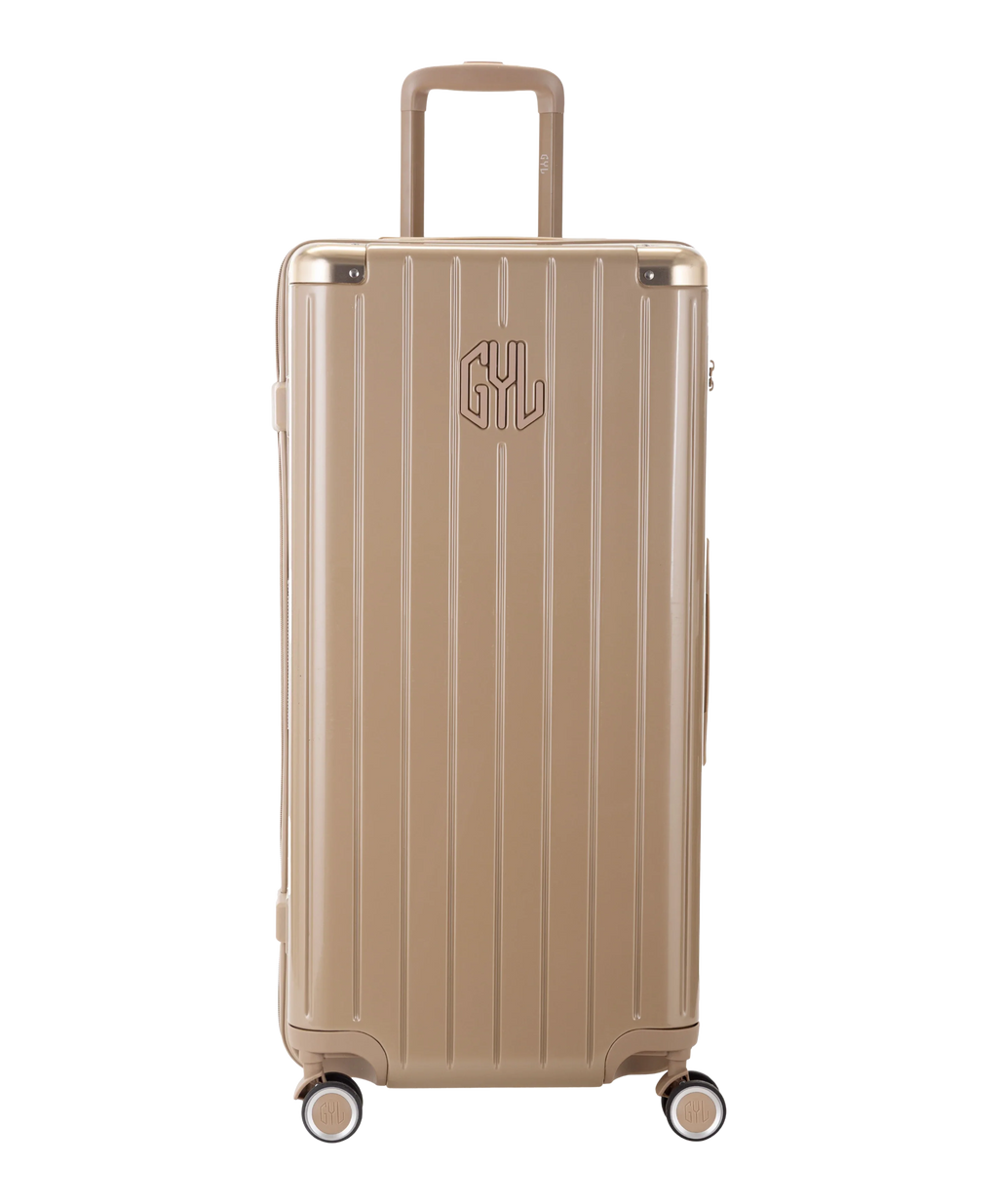 GYL polycarbonate Trunk XL suitcase 80 cm champagne colour front view with GYL logo