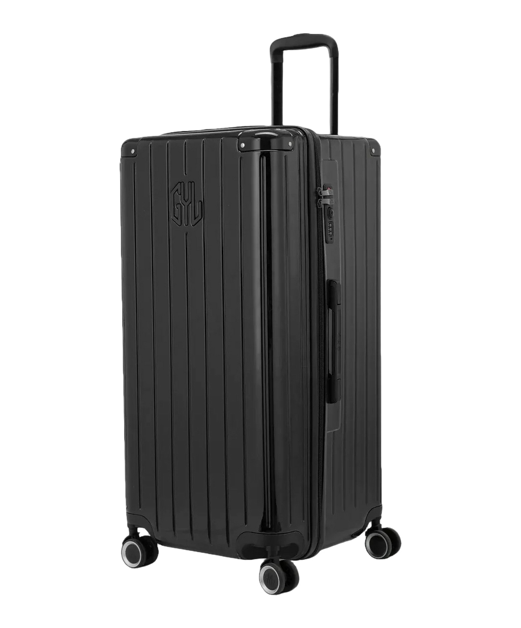 GYL trunk suitcase XL size in black, three-quarter view, rigid polycarbonate