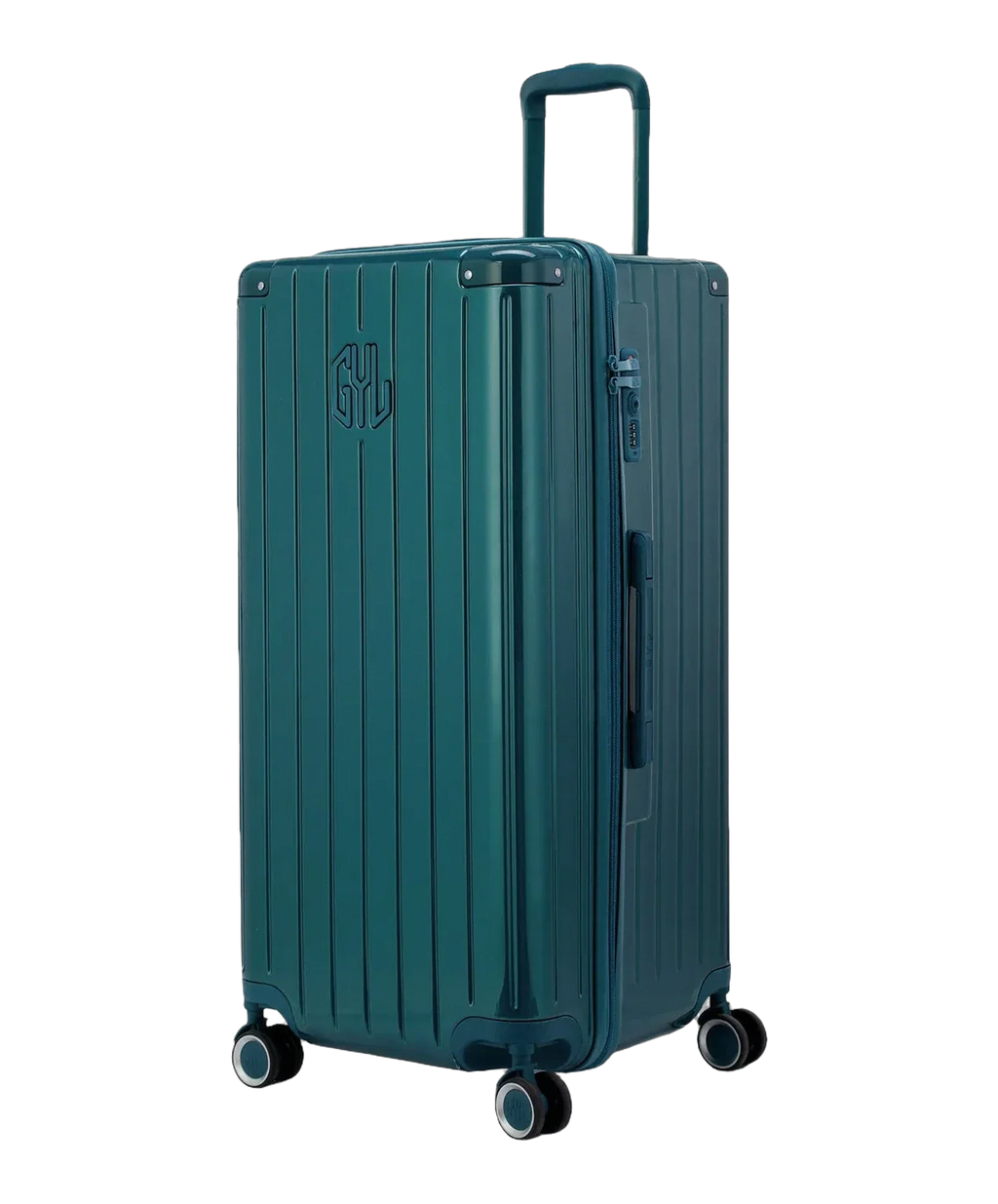 GYL trunk suitcase XL size in fir green, three-quarter view, rigid polycarbonate