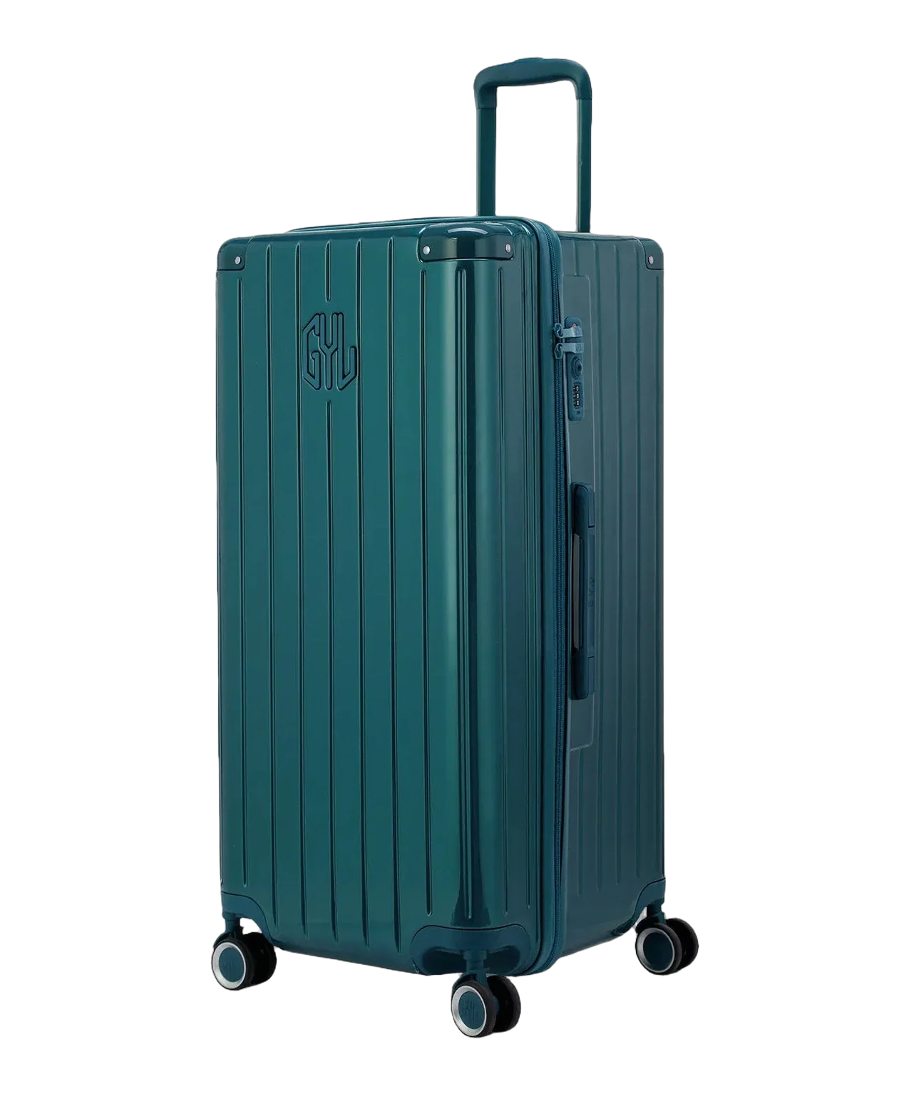 GYL trunk suitcase XL size in fir green, three-quarter view, rigid polycarbonate