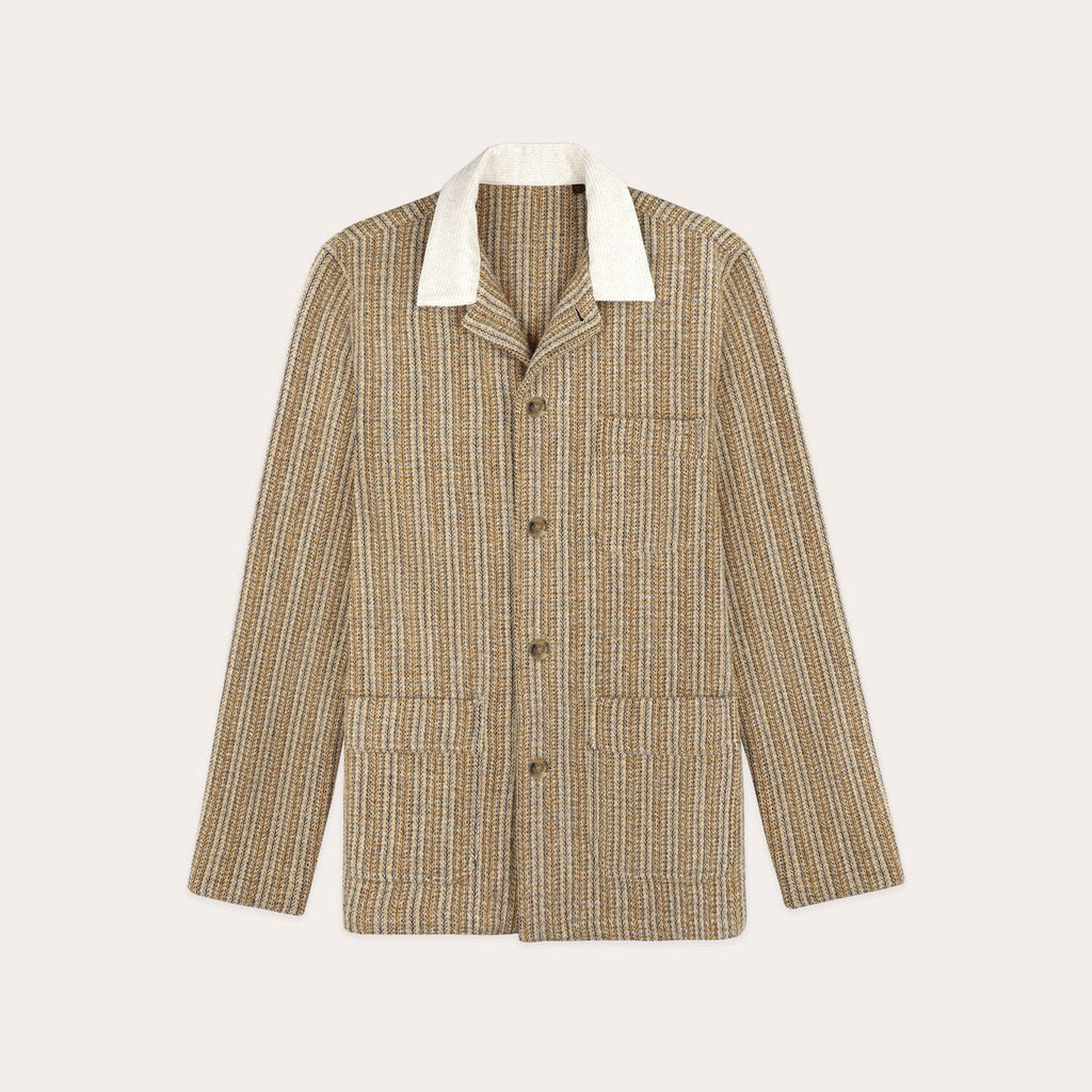 Hast – Veste De Travail En Laine Beige À Motifs À Col Contrasté, veste marron et blanche à rayures verticales, col blanc, vue de face