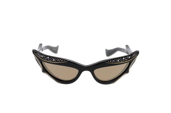Luxury Eyewear – Okulary przeciwsłoneczne - Valentino, czarne okulary przeciwsłoneczne z brązowymi soczewkami oraz złotymi i srebrnymi detalami
