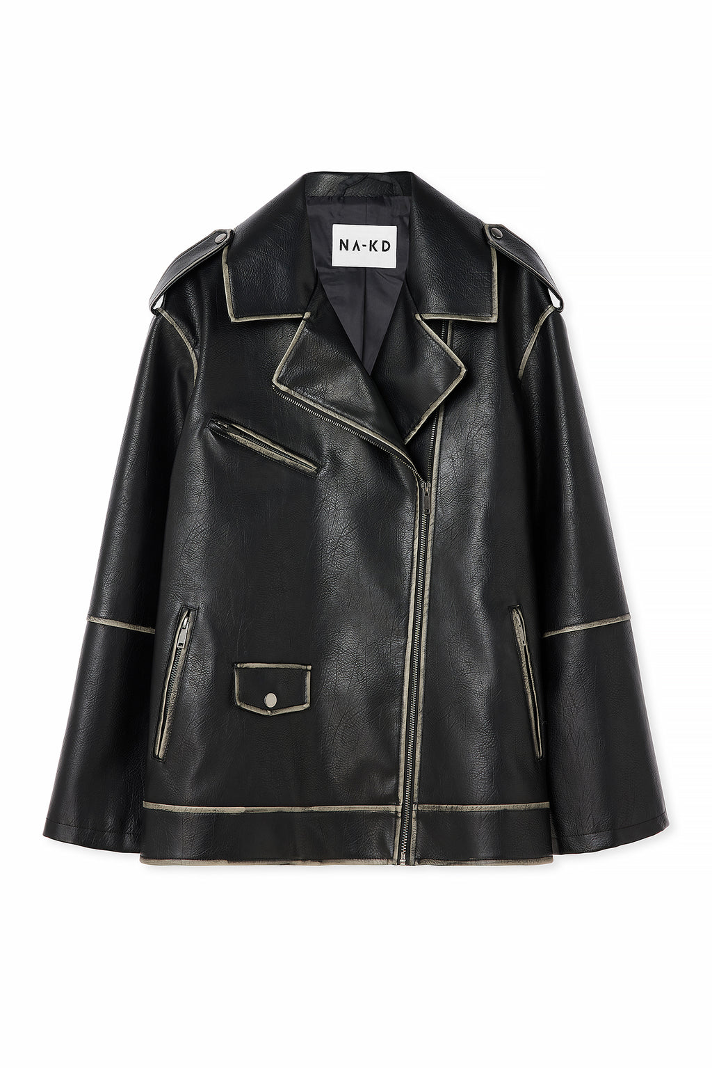 Cazadora Washed Out Pu Biker - Negro