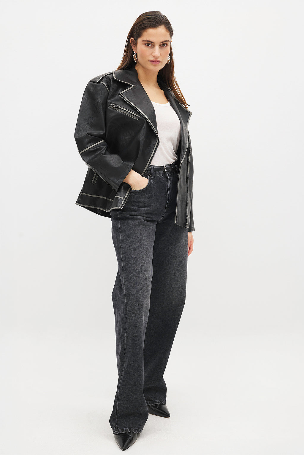 Cazadora Washed Out Pu Biker - Negro