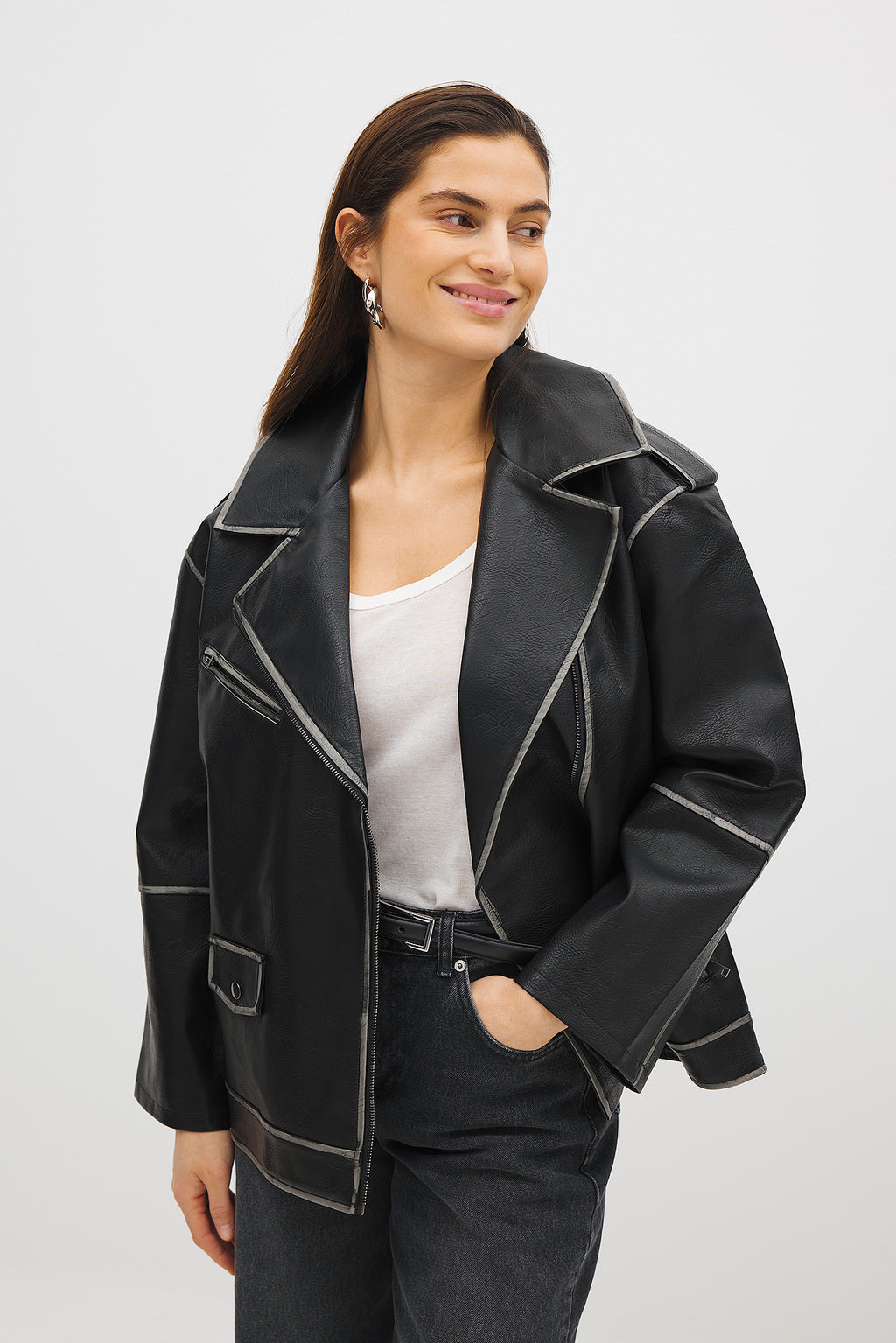 Cazadora Washed Out Pu Biker - Negro