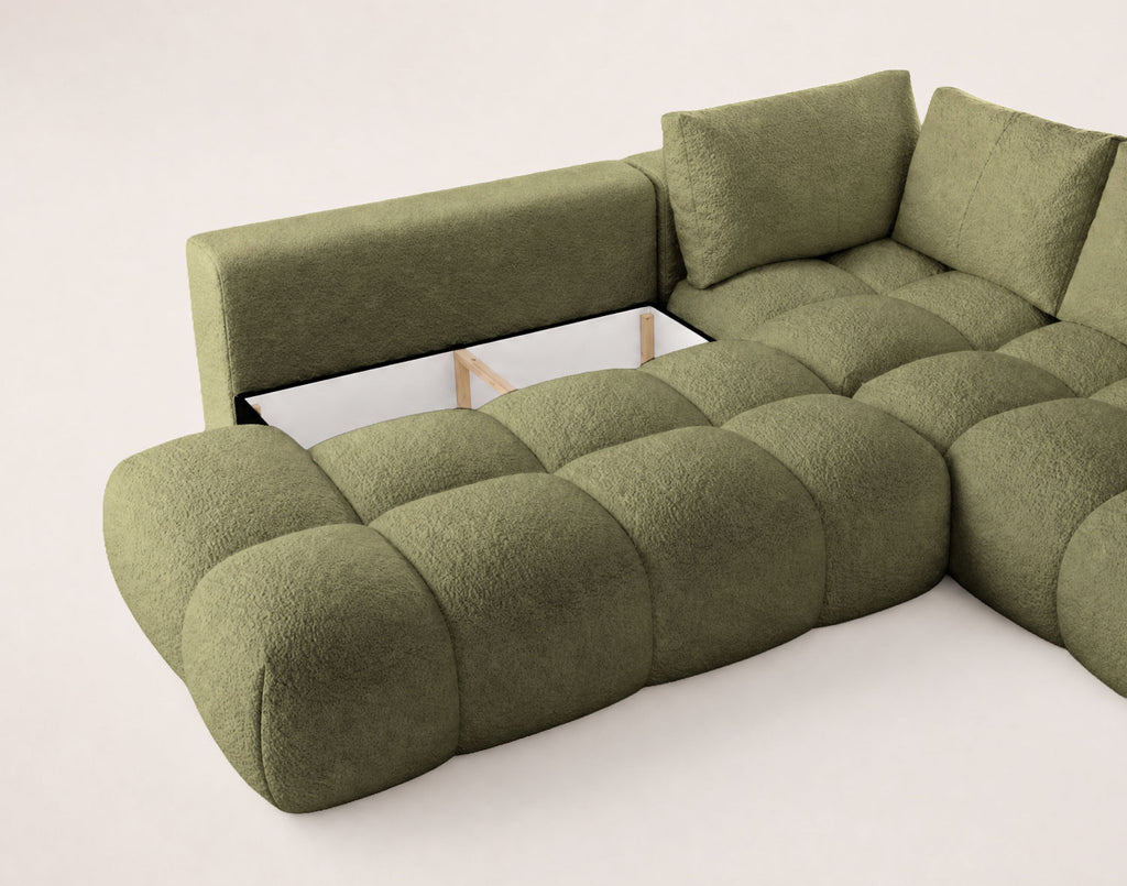 Yulin - 5-Seater L-Shaped Corner Sofa Bed with Storage - Bouclé Fabric - Green
