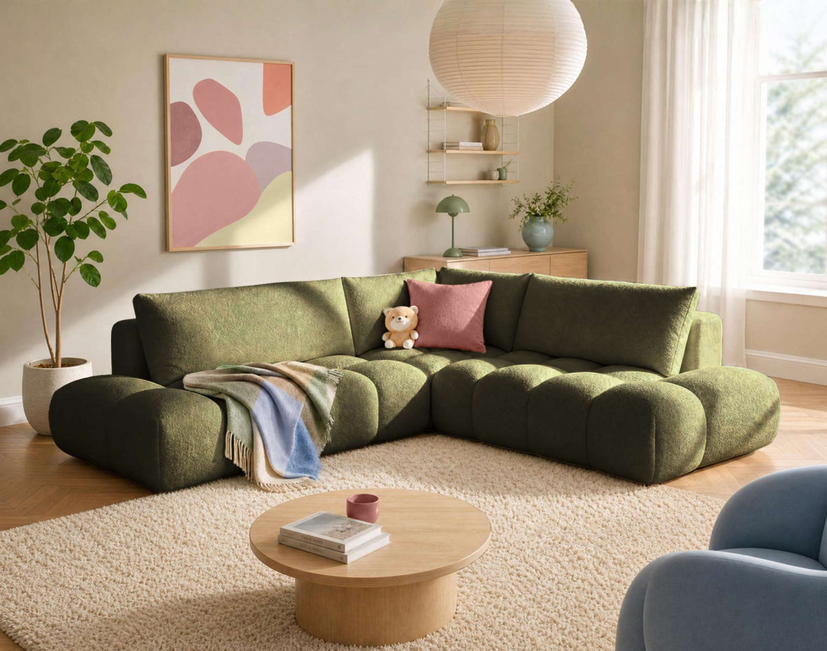 Yulin - 5-Seater L-Shaped Corner Sofa Bed with Storage - Bouclé Fabric - Green